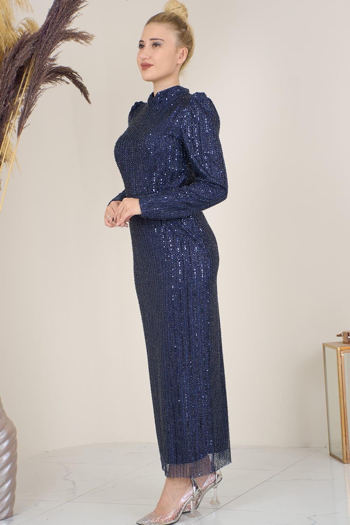 Esilanur-Navy Blue Asel Hijab Evening Dress - Tulle Bead Embroidered, Ankle Length 1