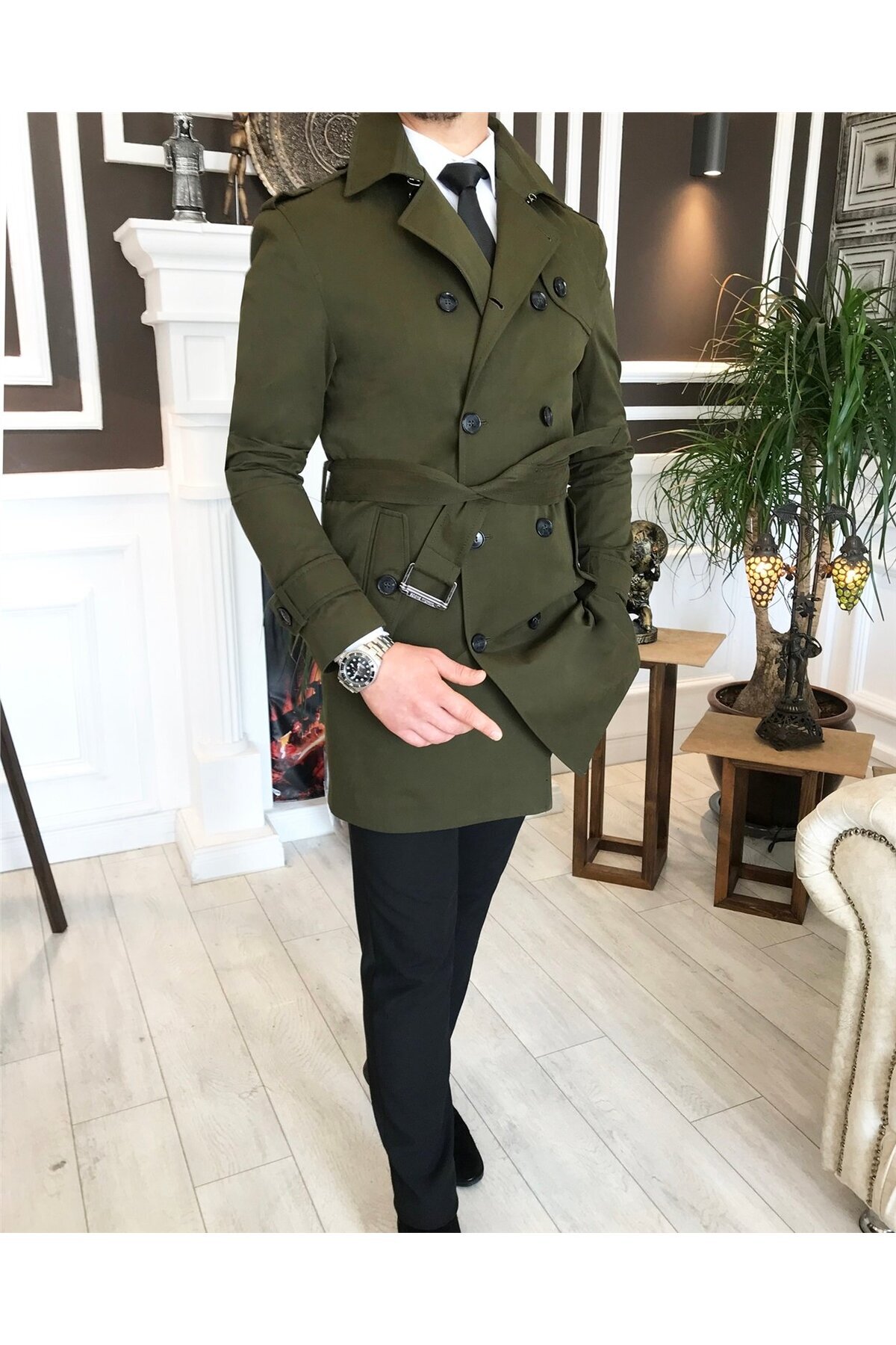 TerziAdemAltun İtalyan stil slim fit mevsimlik erkek trençkot mont Yeşil T4976 görsel 3