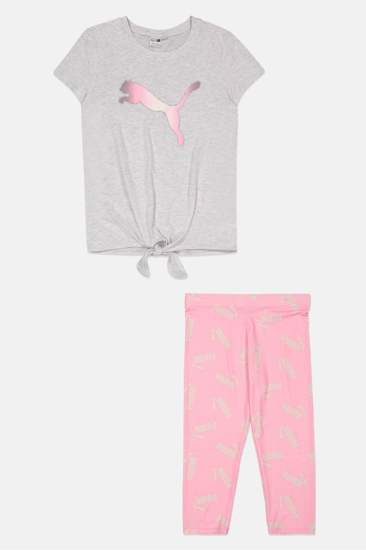 Puma-Kids Girl 2 Pieces Sportswear Fit Brand Logo Jersey Set, Grey/Pink 1