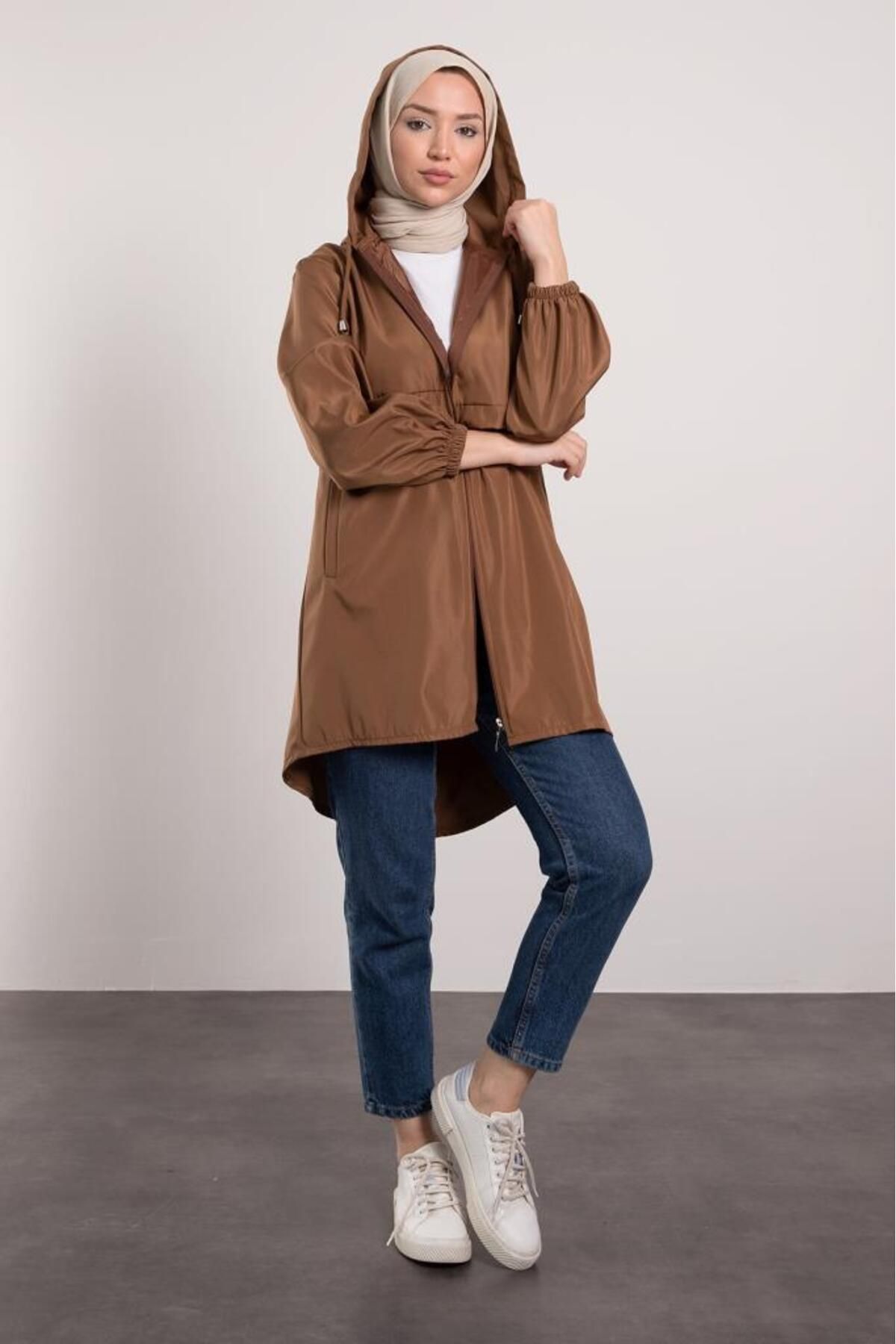 Lamia Giyim-Camel Colored Asymmetric Cut Long Raincoat Hijab 6