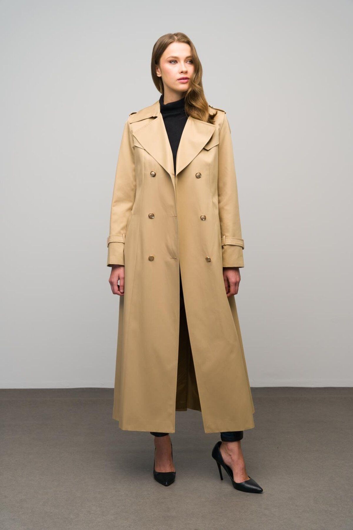 Olcay-Kamel 6617 - Double Breasted Intermediate Length Trench Coat with Epaulet and Cloak 4