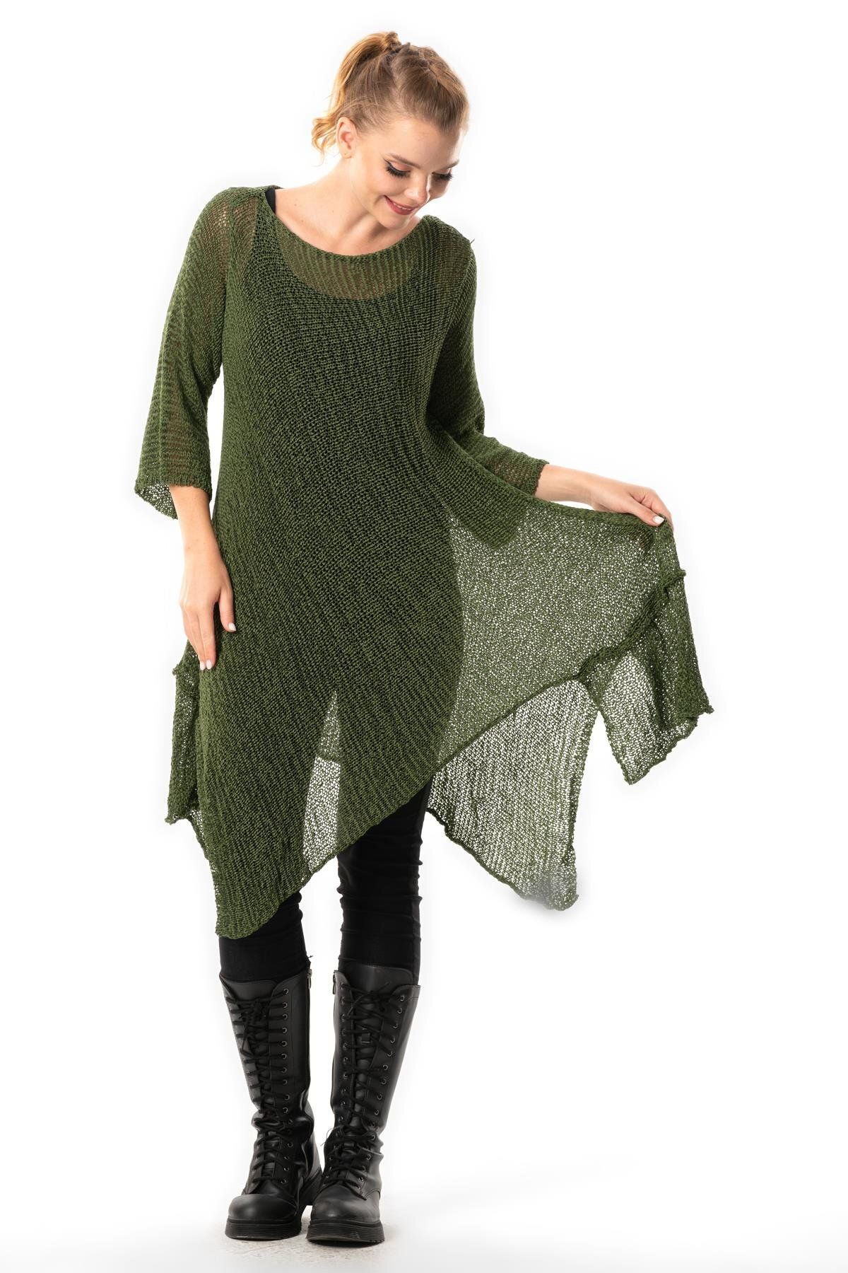 Eliş Şile Bezi-Asymmetric Cut Khaki Knitwear Tunic - Half Sleeve, Autumn and Winter - Goksu 5