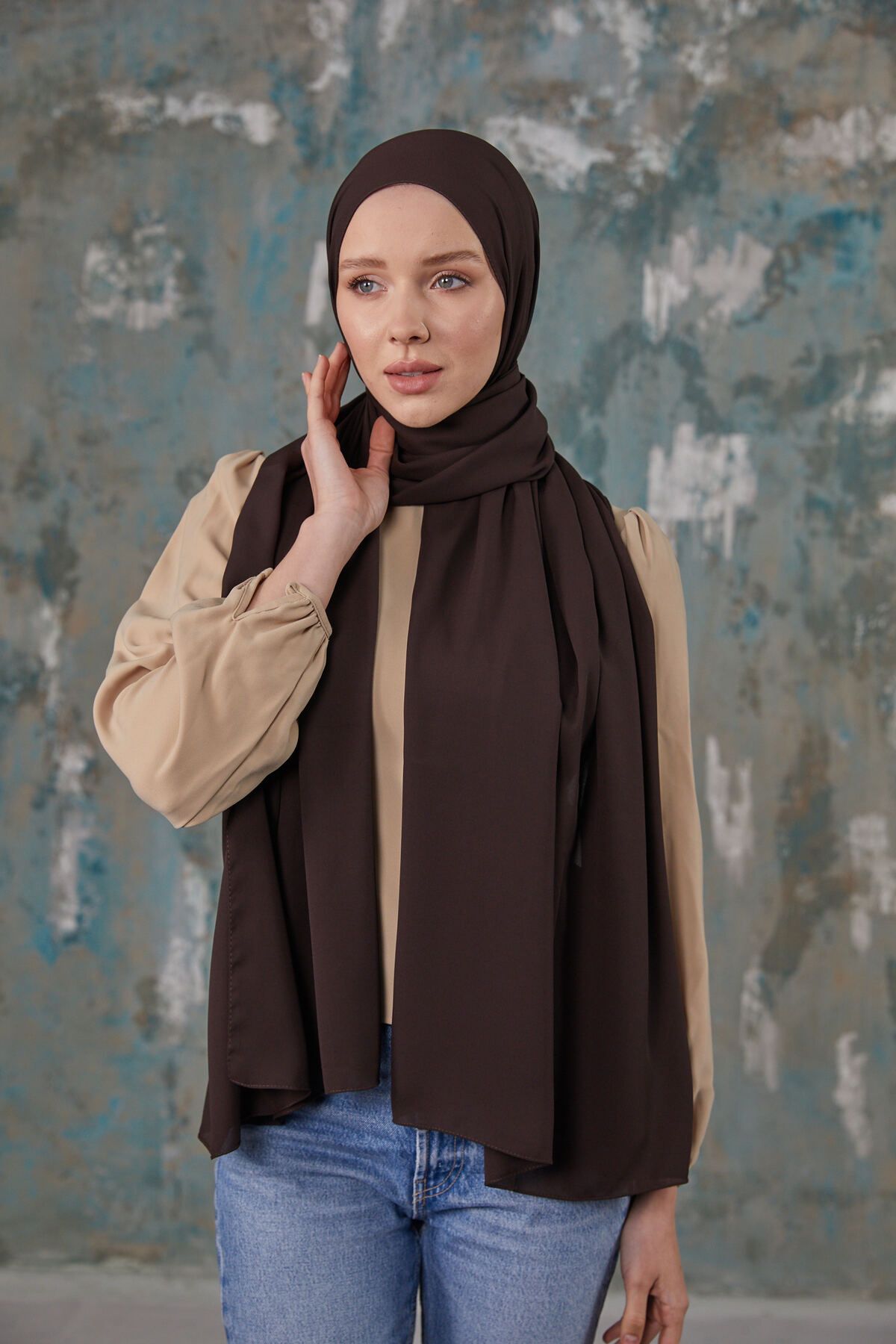 Differenza-Dark Brown Crepe Chiffon Shawl 2
