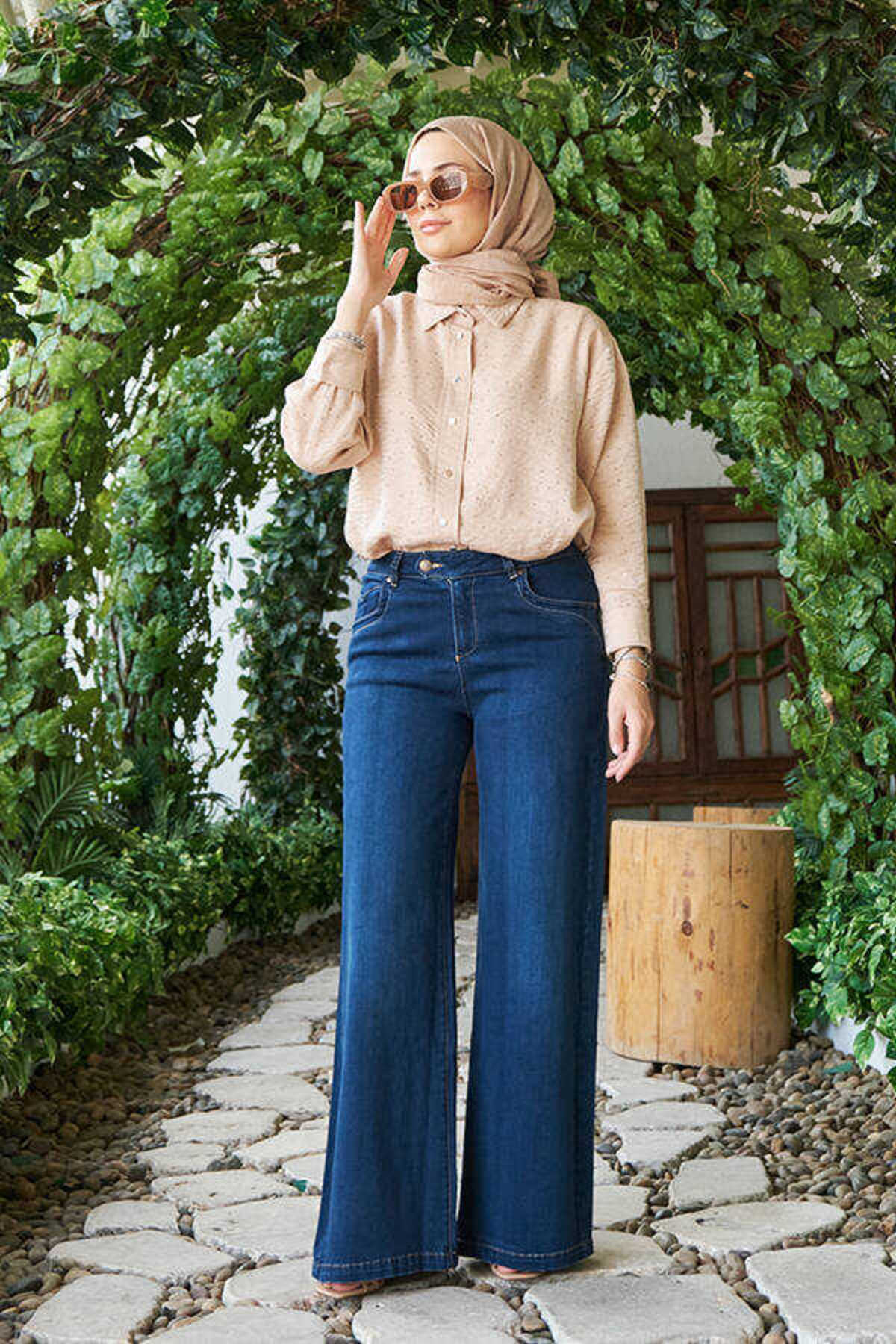 Neways  1067-Denim Bol Paça Pantolon Lacivert - Görsel 3