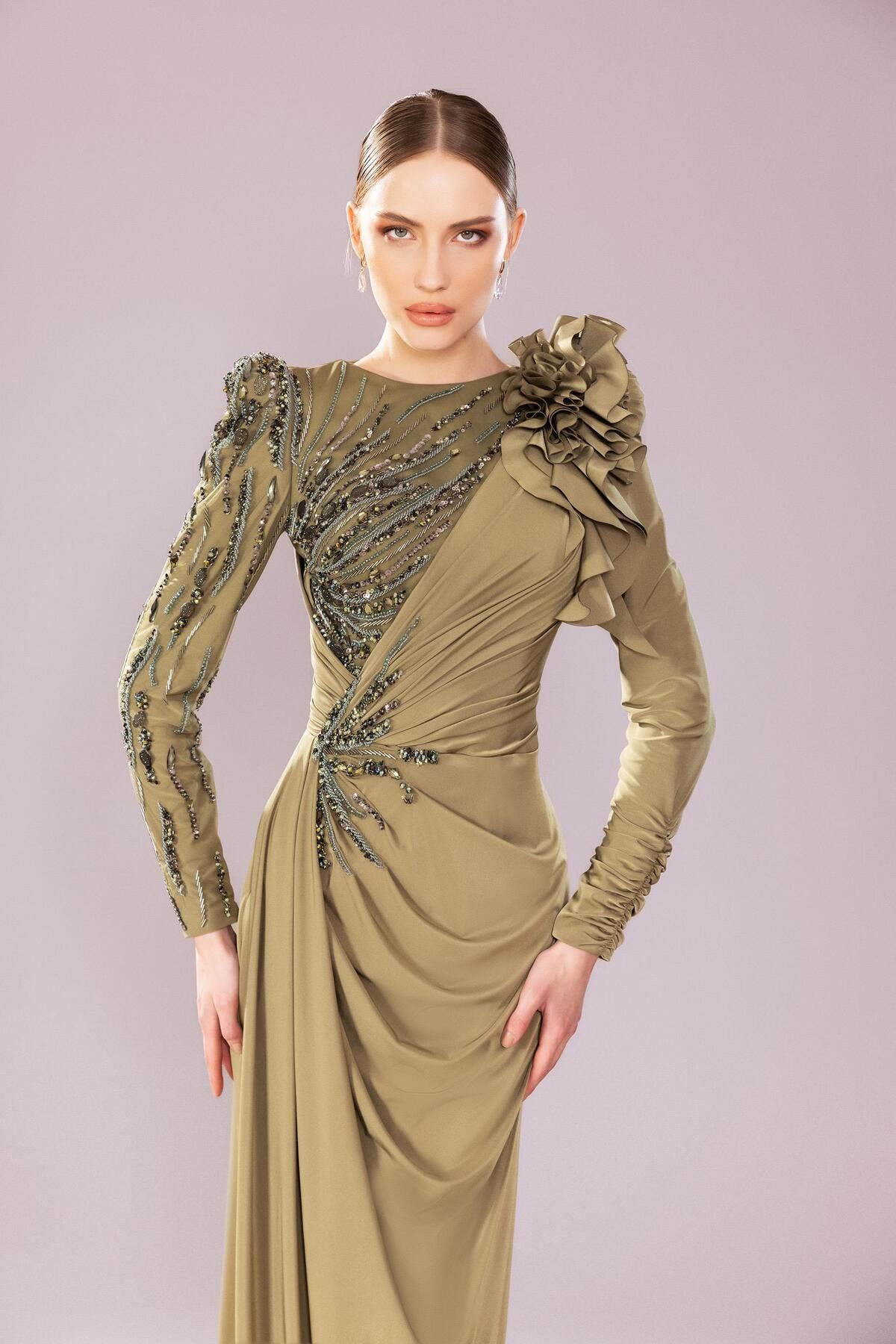 Katre-Long Sleeve and Embroidered Draped Hijab Kenzel Evening Dress 1