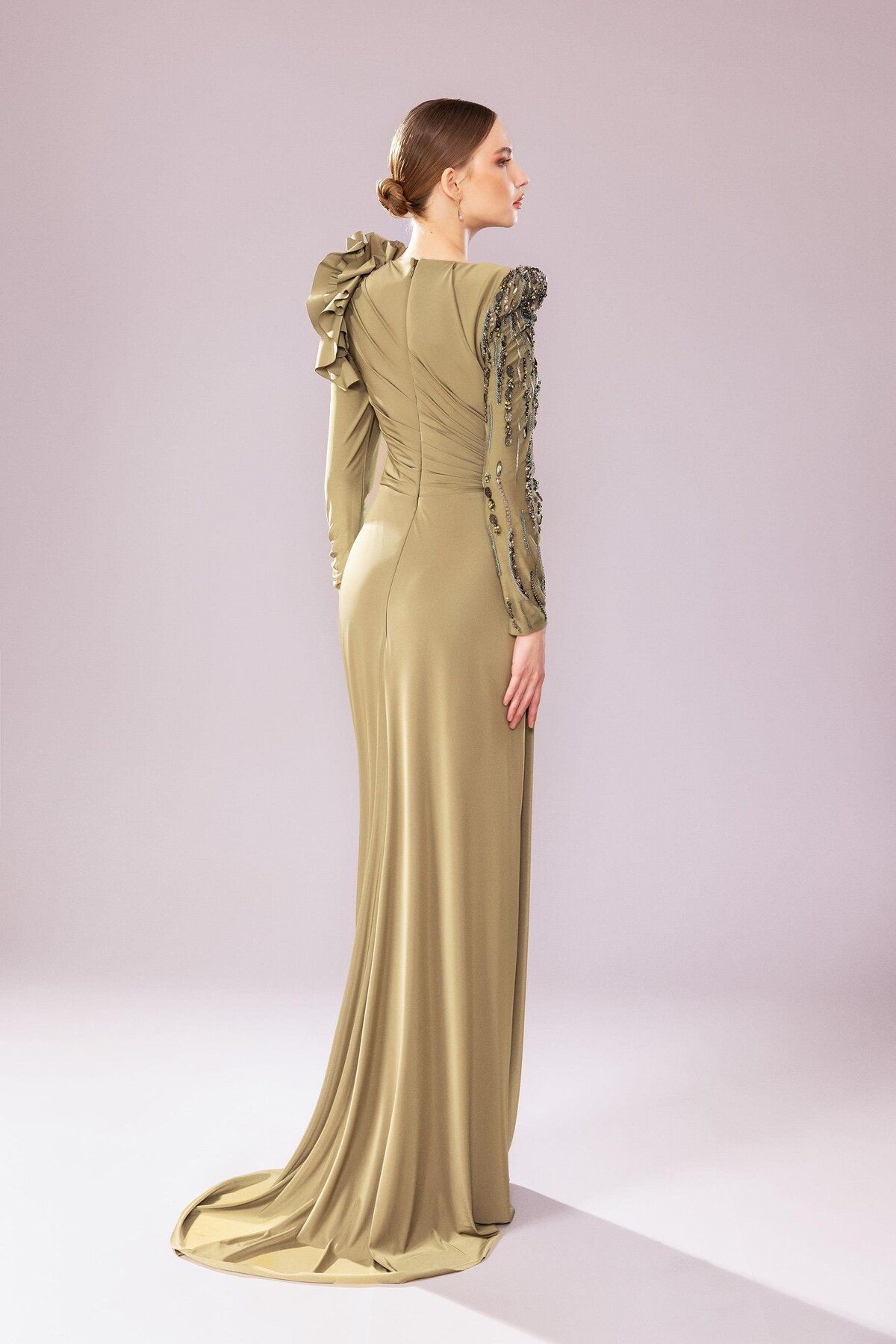 Katre-Long Sleeve and Embroidered Draped Hijab Kenzel Evening Dress 3