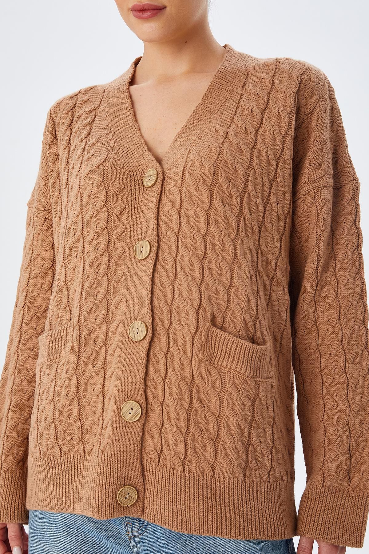 Mixray-6823 Model Camel Women's Knitwear Cardigan - Hair Braided and Pocketed 4