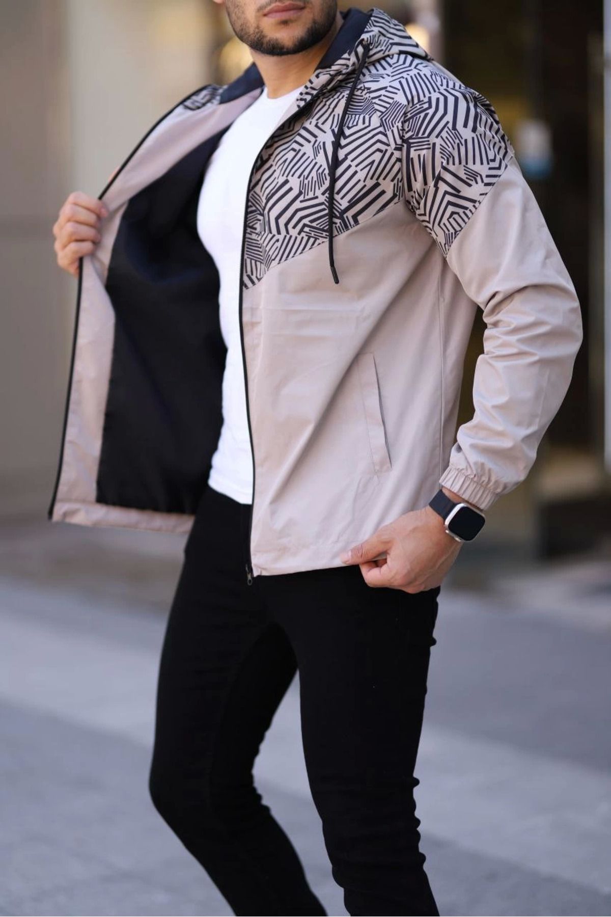 Pink Stil Unisex Kapüşonlu İçi Astarlı Yağmurluk - Bej Pink Stil