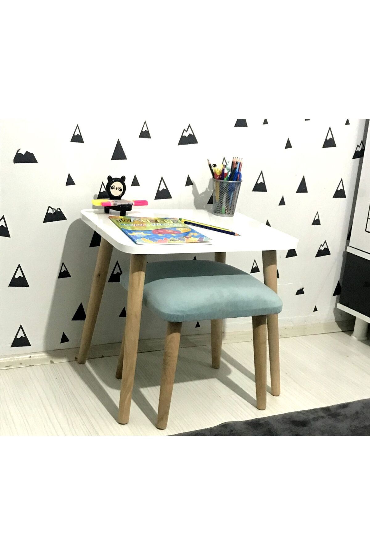 EKOÇ WOOD DESİNG Owen Tweety Çoçuk Çalışma Masası Montessori 1 Adet Puf Takımı,etkinlik Masası, Aktivite Masası