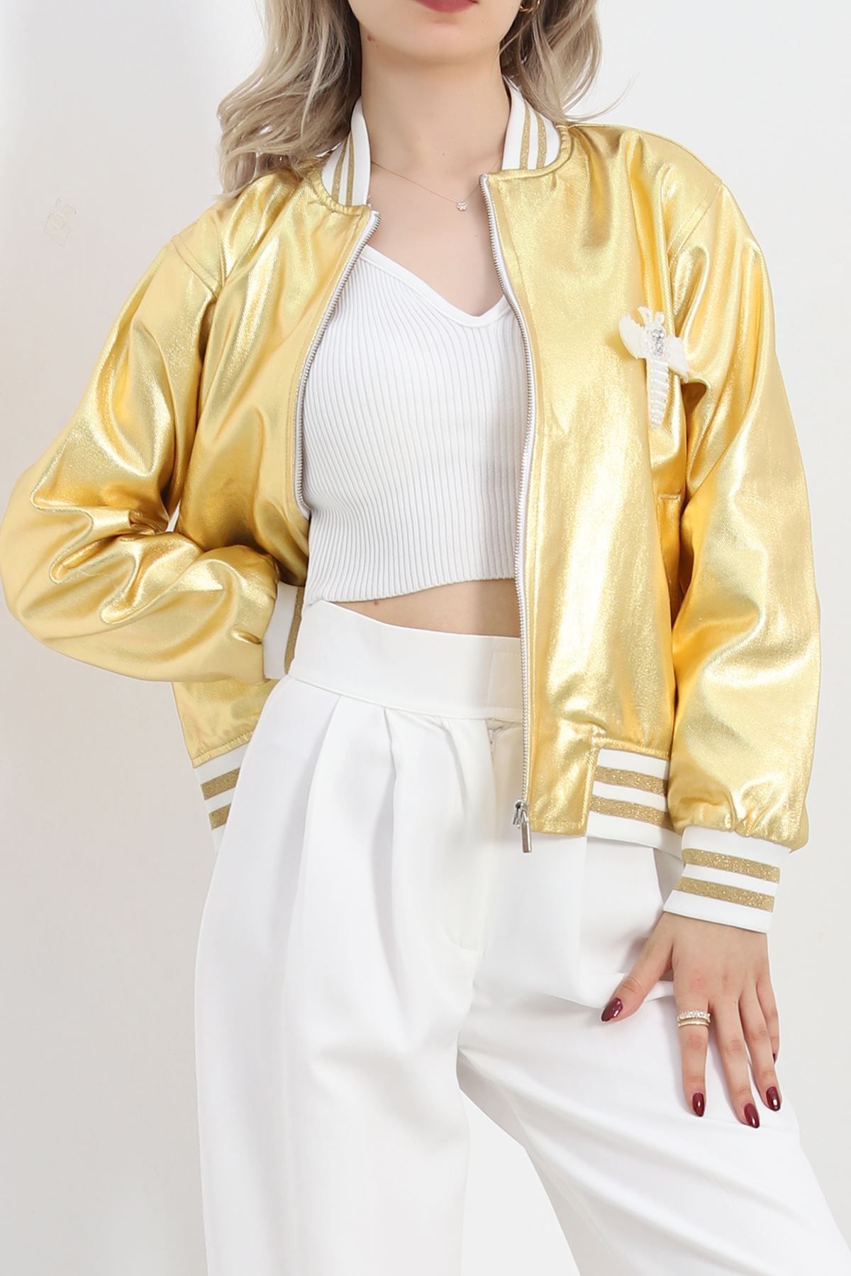 ZANBUTİK-Gold Foil Bomber Jacket - 2614.1367. 7