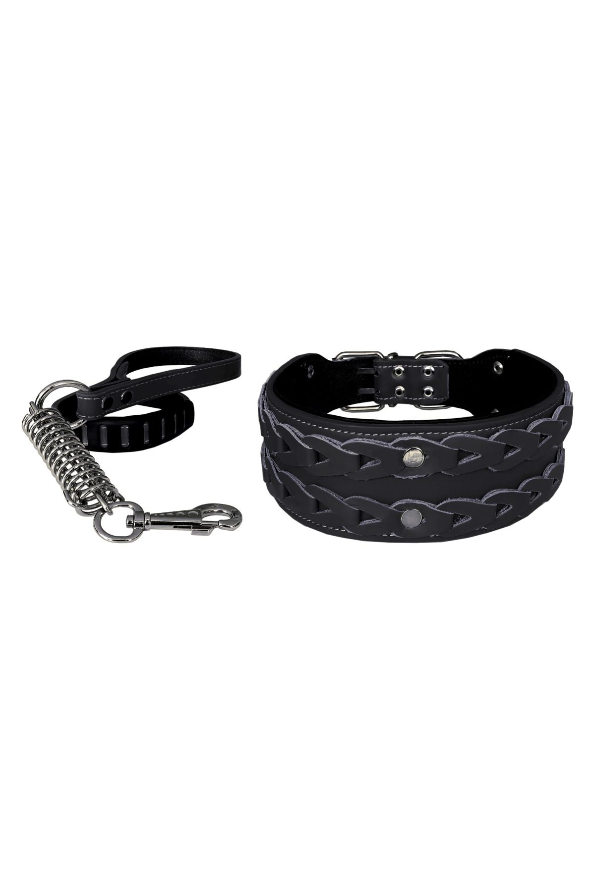 Angoravi Deri İşlemeli Lüks Köpek Tasma Seti XL 7 cm*60-68 cm Siyah