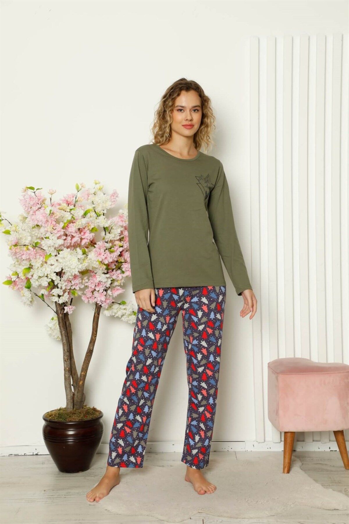 COXO Fashion`S Moda Çizgi Women's Combed Cotton Long Sleeve Pajama Set 4101