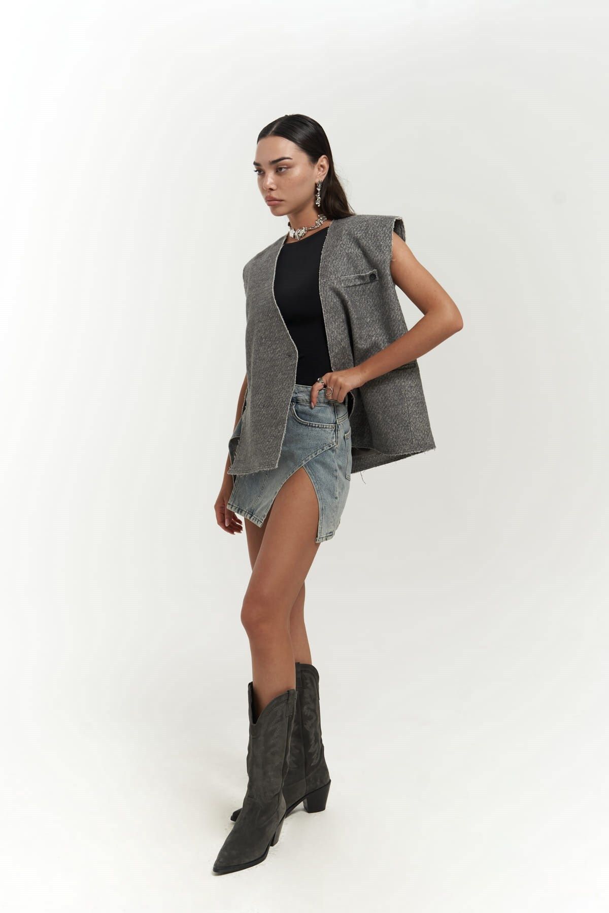 MAİ COLLECTİON-Faven Gray Side Slit Detail Vest 7