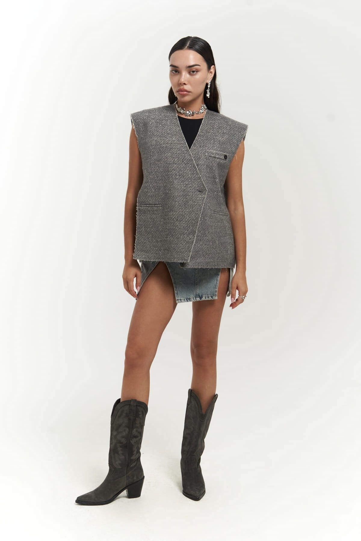 MAİ COLLECTİON-Faven Gray Side Slit Detail Vest 2