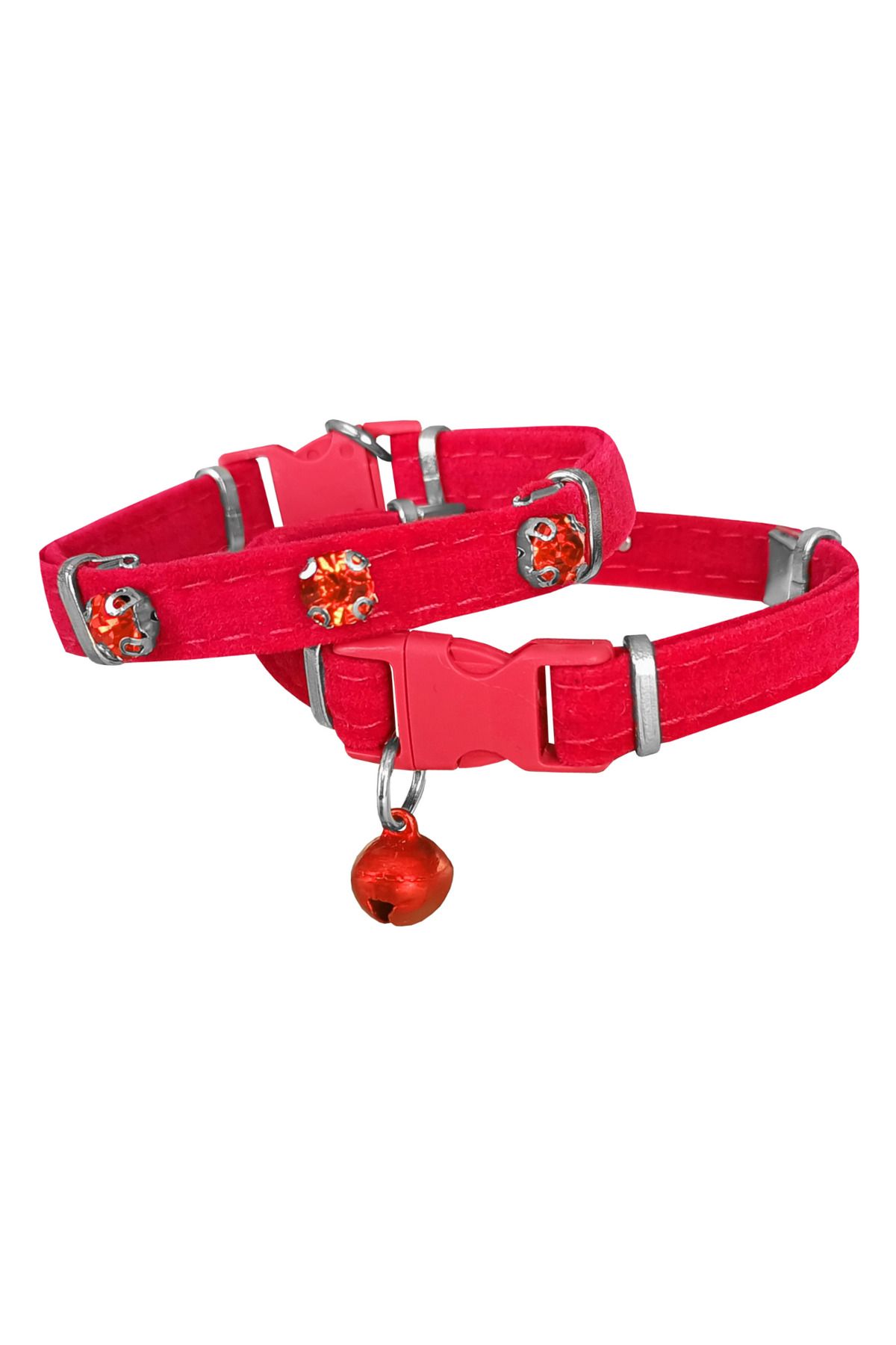 OEM Kadife Kedi Boyun Tasması Taşlı 20-32 cm Kırmızı