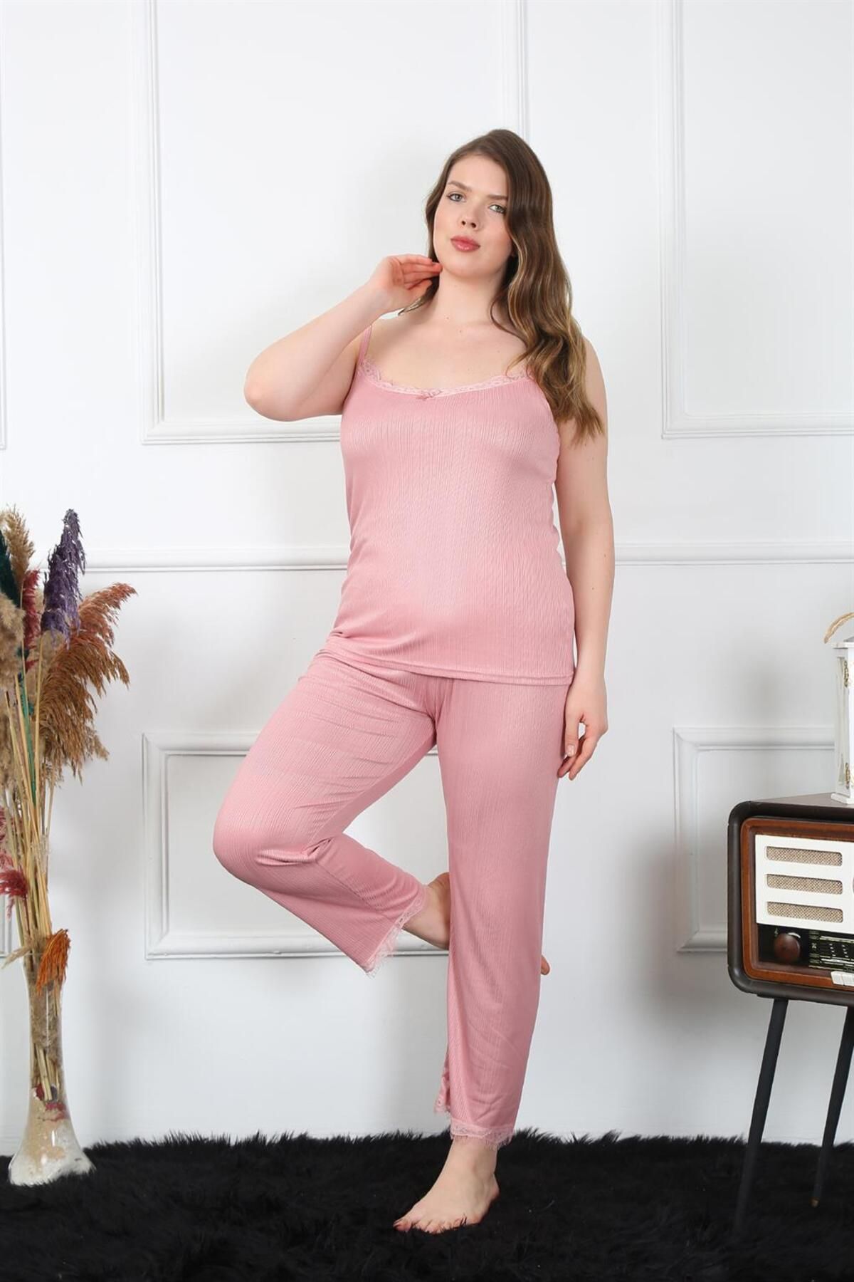 COXO Fashion`S Moda Çizgi Women's Large Size Powder Rope Strap Pajama Set 202195