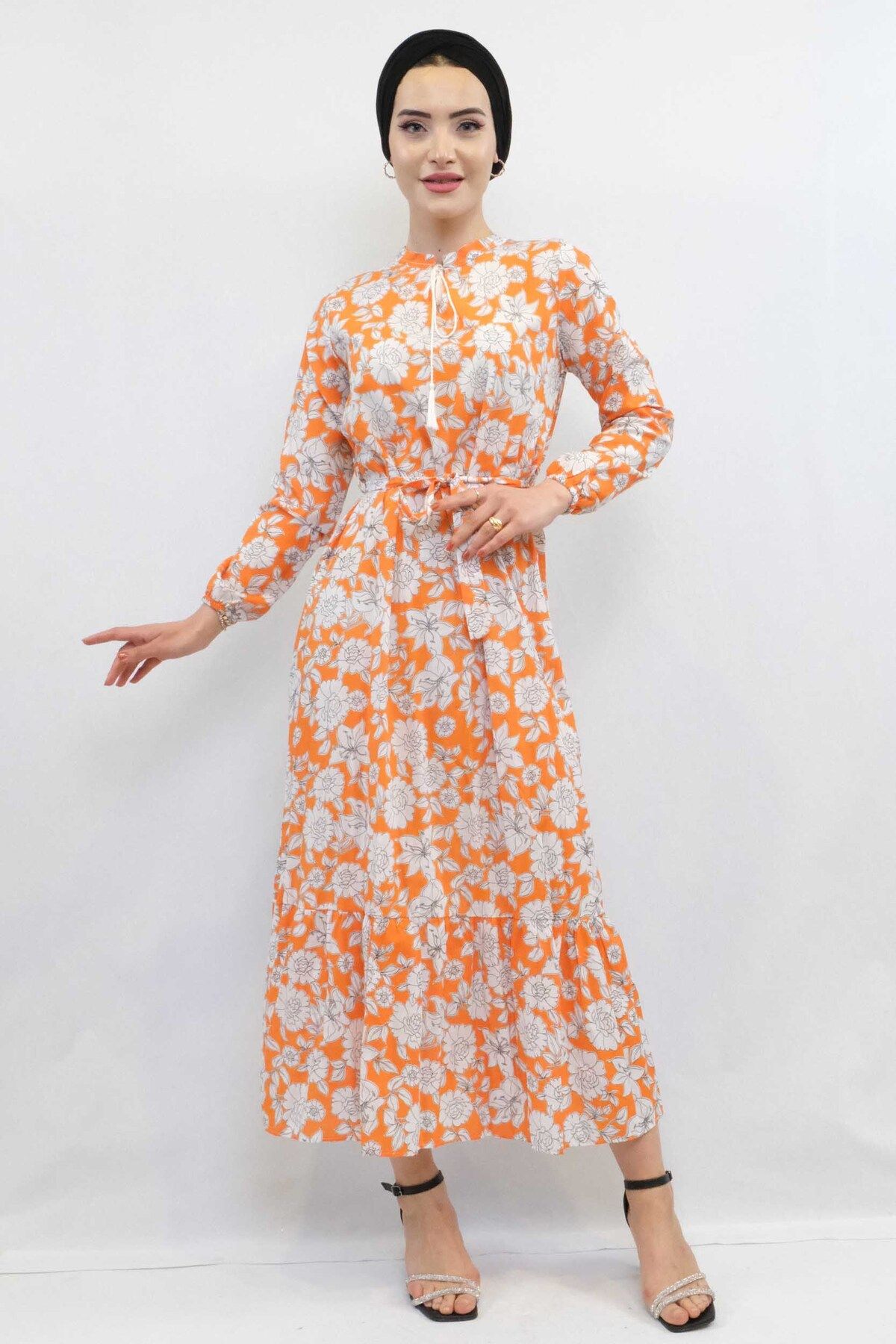 COXO Fashion`S Moda Çizgi Floral Pattern Pleated Dress Orange