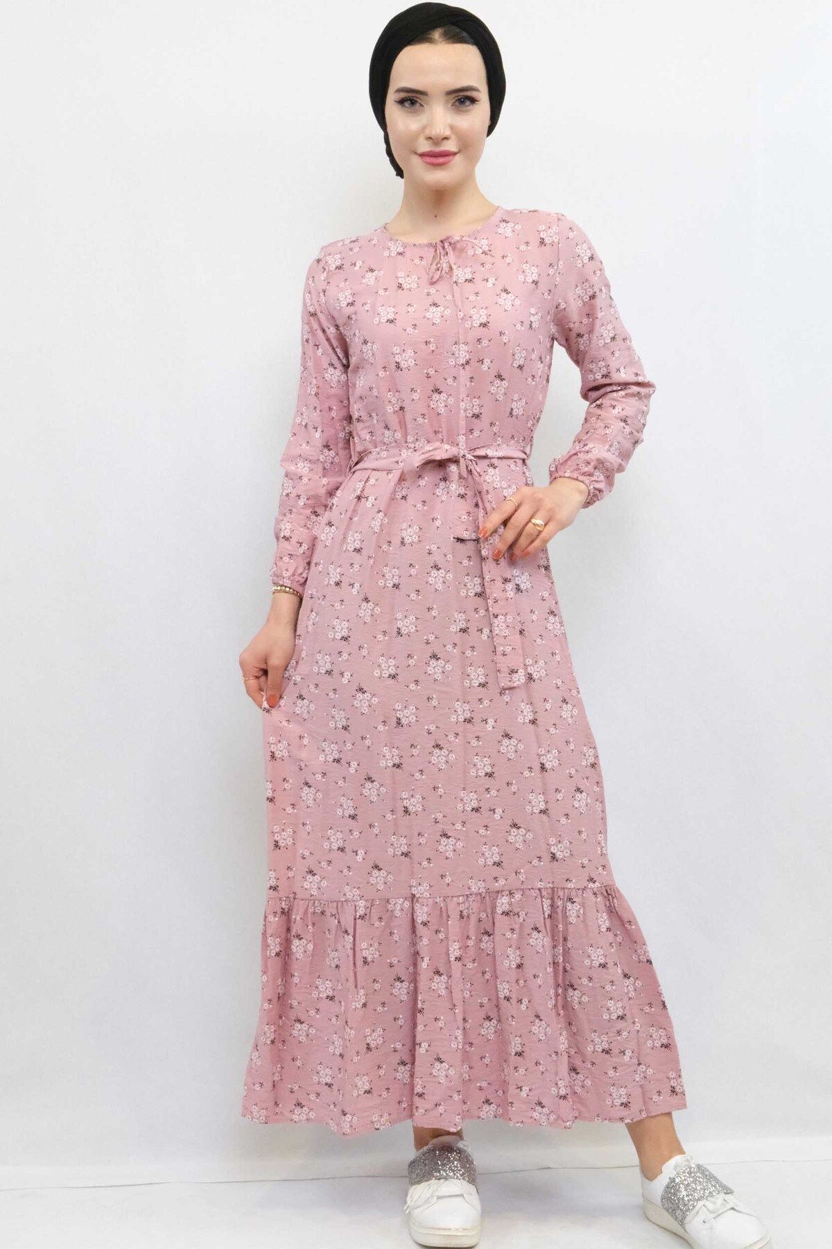 COXO Fashion`S Moda Çizgi Floral Dress Dusty Rose