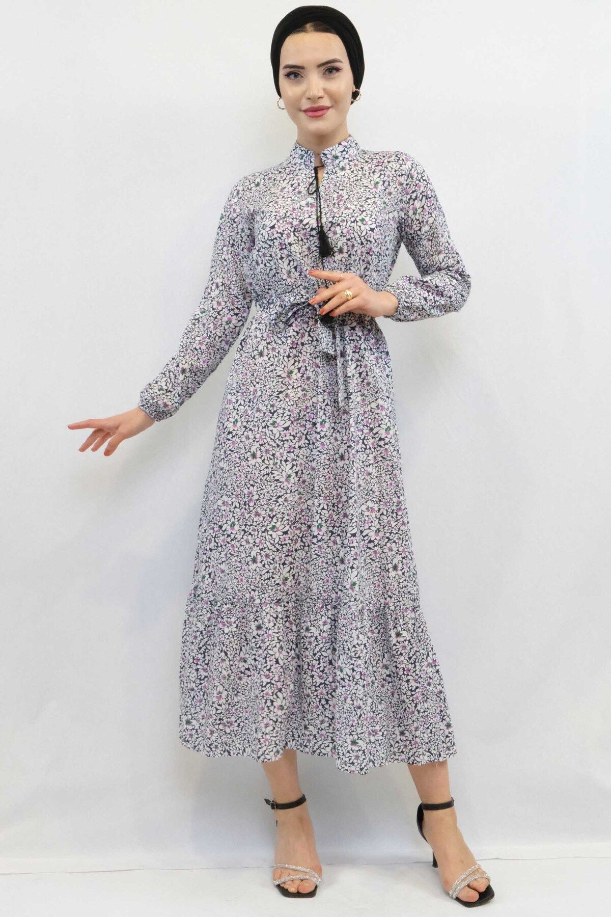 COXO Fashion`S Moda Çizgi Floral Dress Colorful