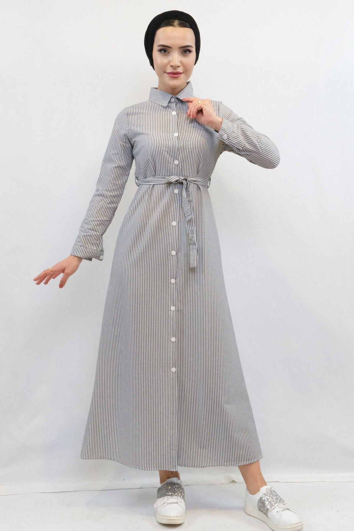 COXO Fashion`S Moda Çizgi Seersucker Dress Gray