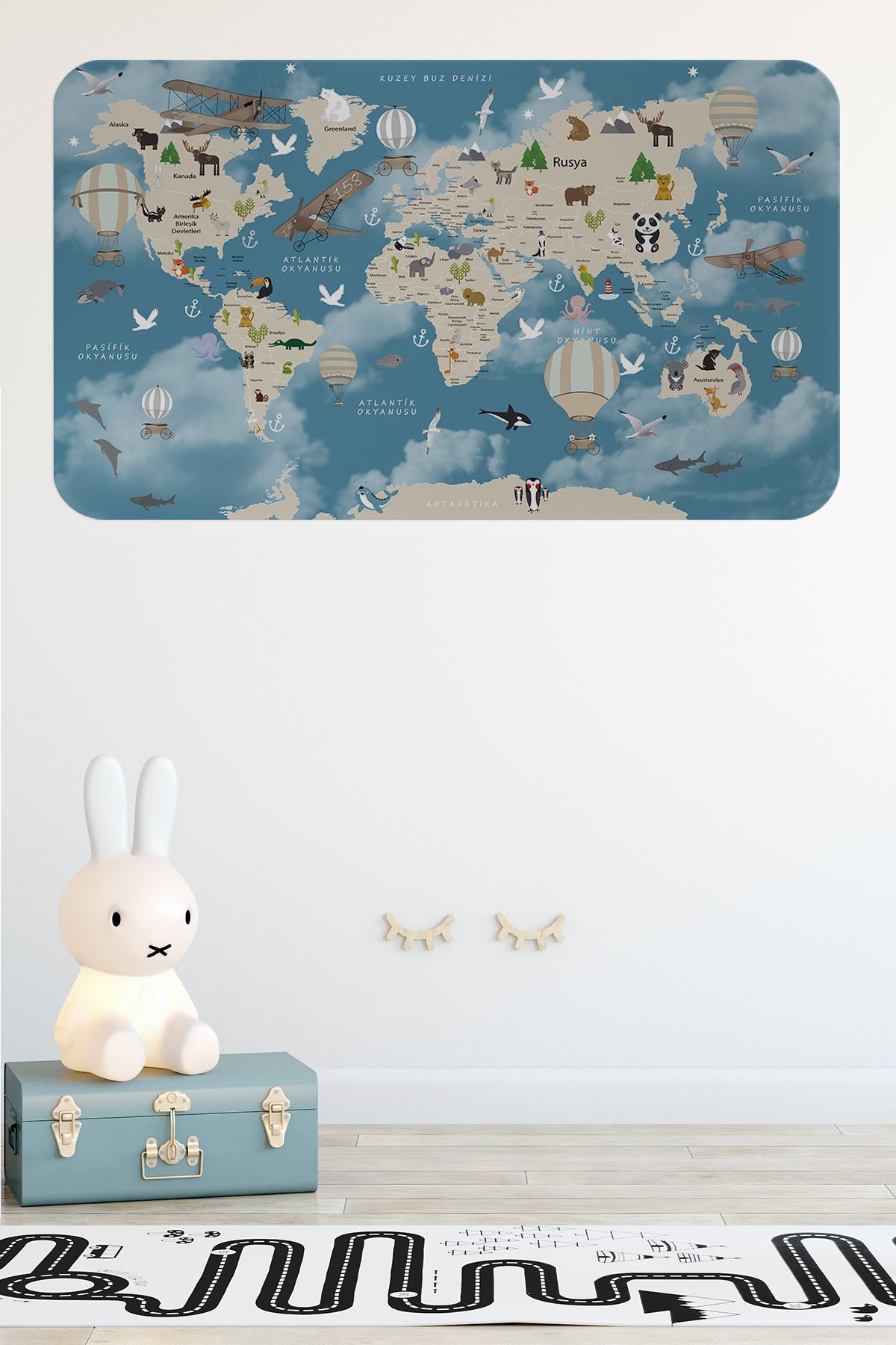 bluvex Eğitici Dünya Haritası Dünya Atlası Çocuk ve Bebek Odası Duvar Sticker -60x105-3827