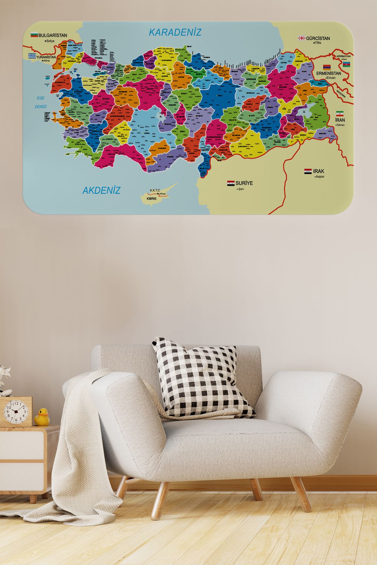 Atik Tasarım Eğitici ve Öğretici Detaylı Komşulu Türkiye Haritası Duvar Sticker-60x105-3845