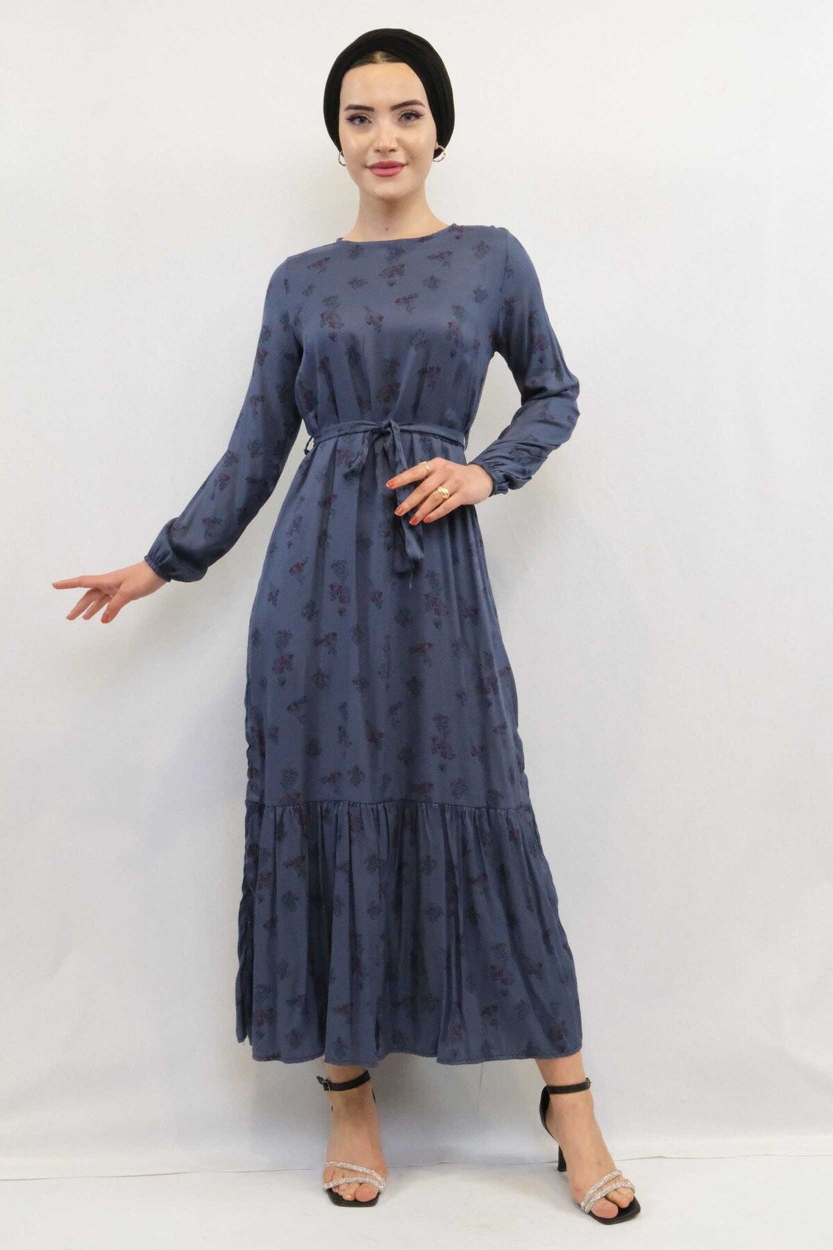 COXO Fashion`S Moda Çizgi Floral Patterned Dress Indigo
