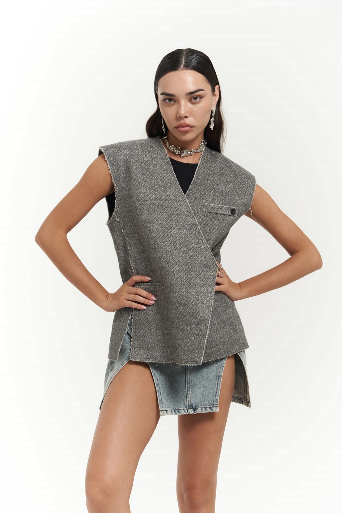 MAİ COLLECTİON-Faven Gray Side Slit Detail Vest 3