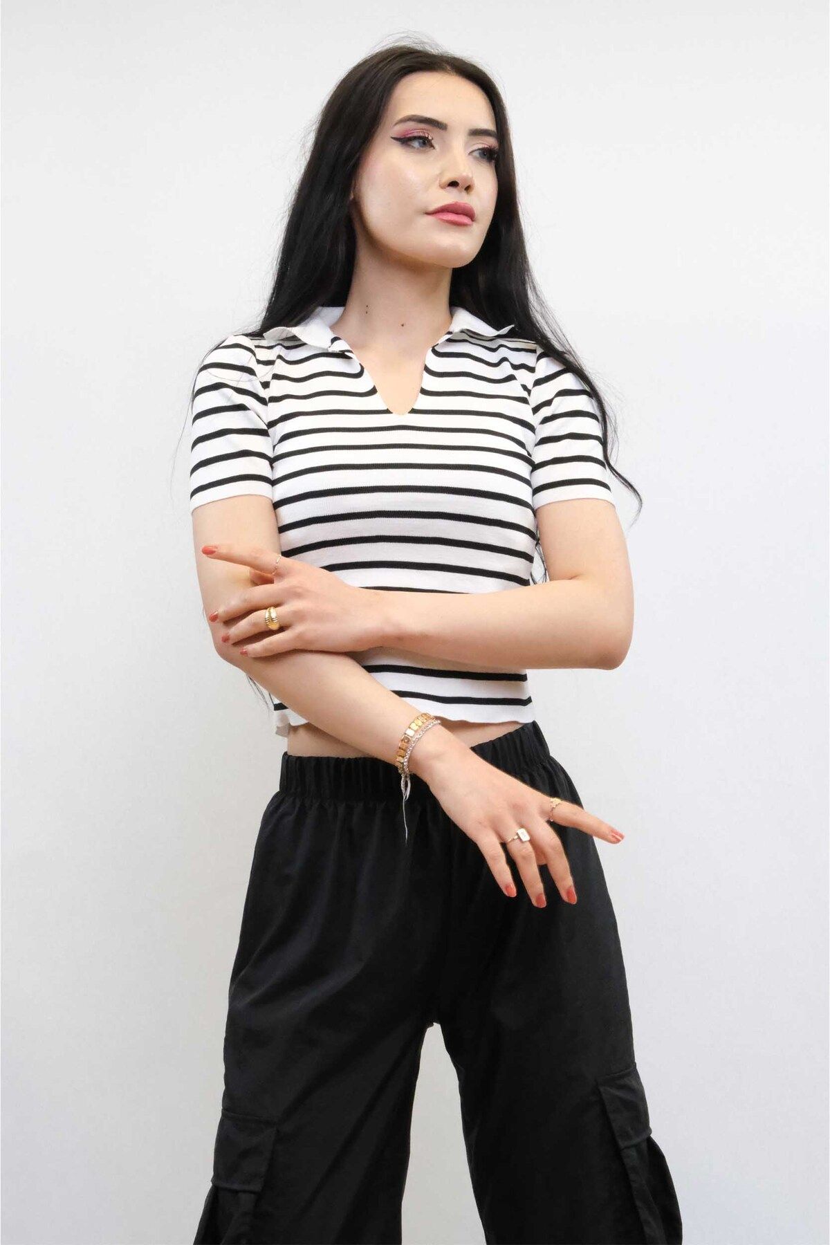 COXO Fashion`S Shirt Collar Striped Knitwear Blouse White