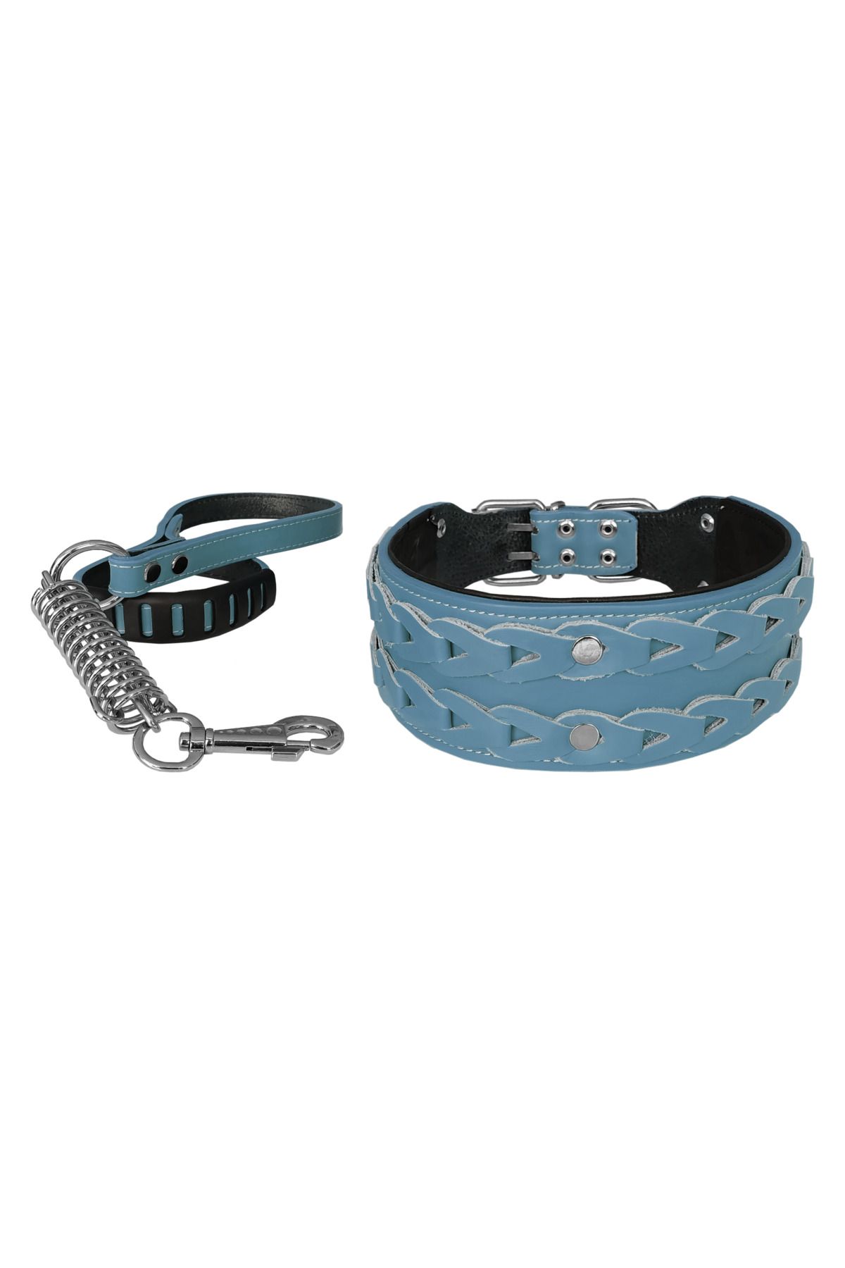 Angoravi Deri İşlemeli Lüks Köpek Tasma Seti XL 7 cm*60-68 cm Turkuaz