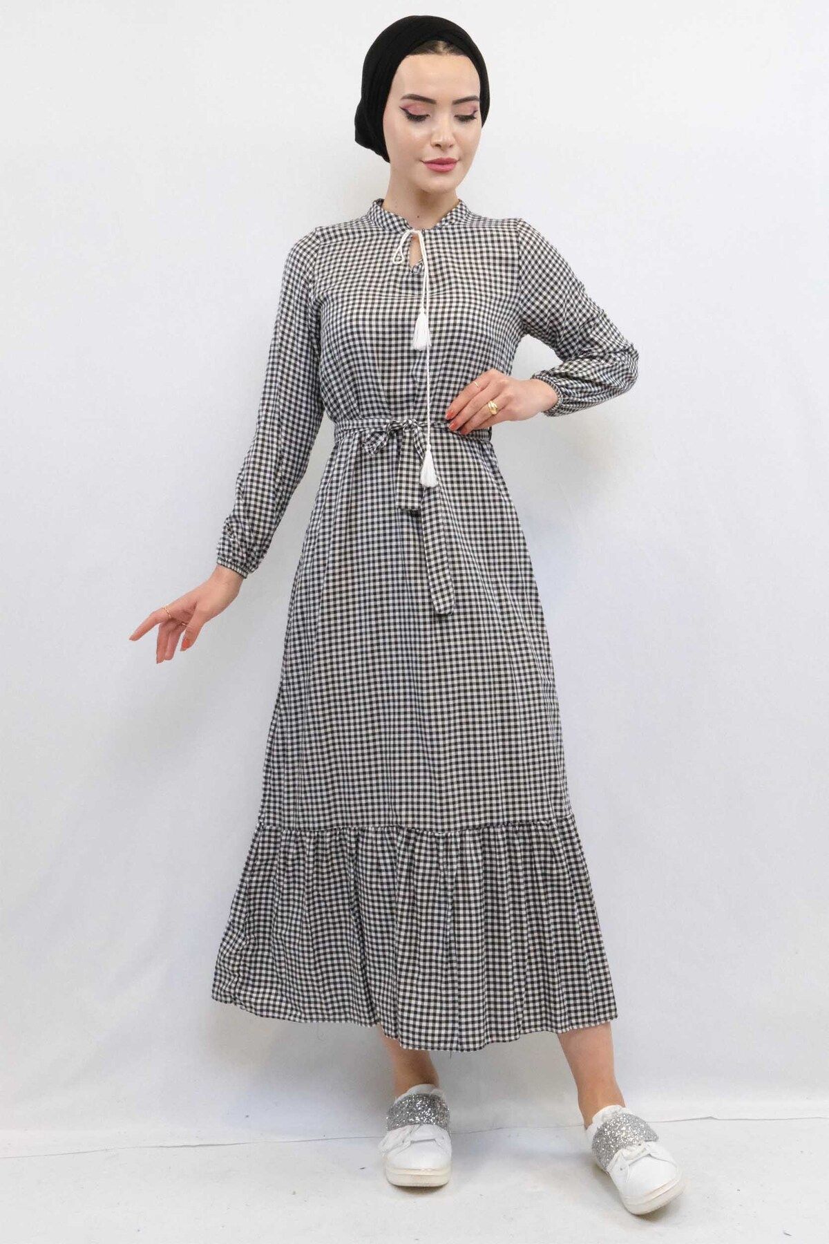 COXO Fashion`S Moda Çizgi Plaid Dress Black