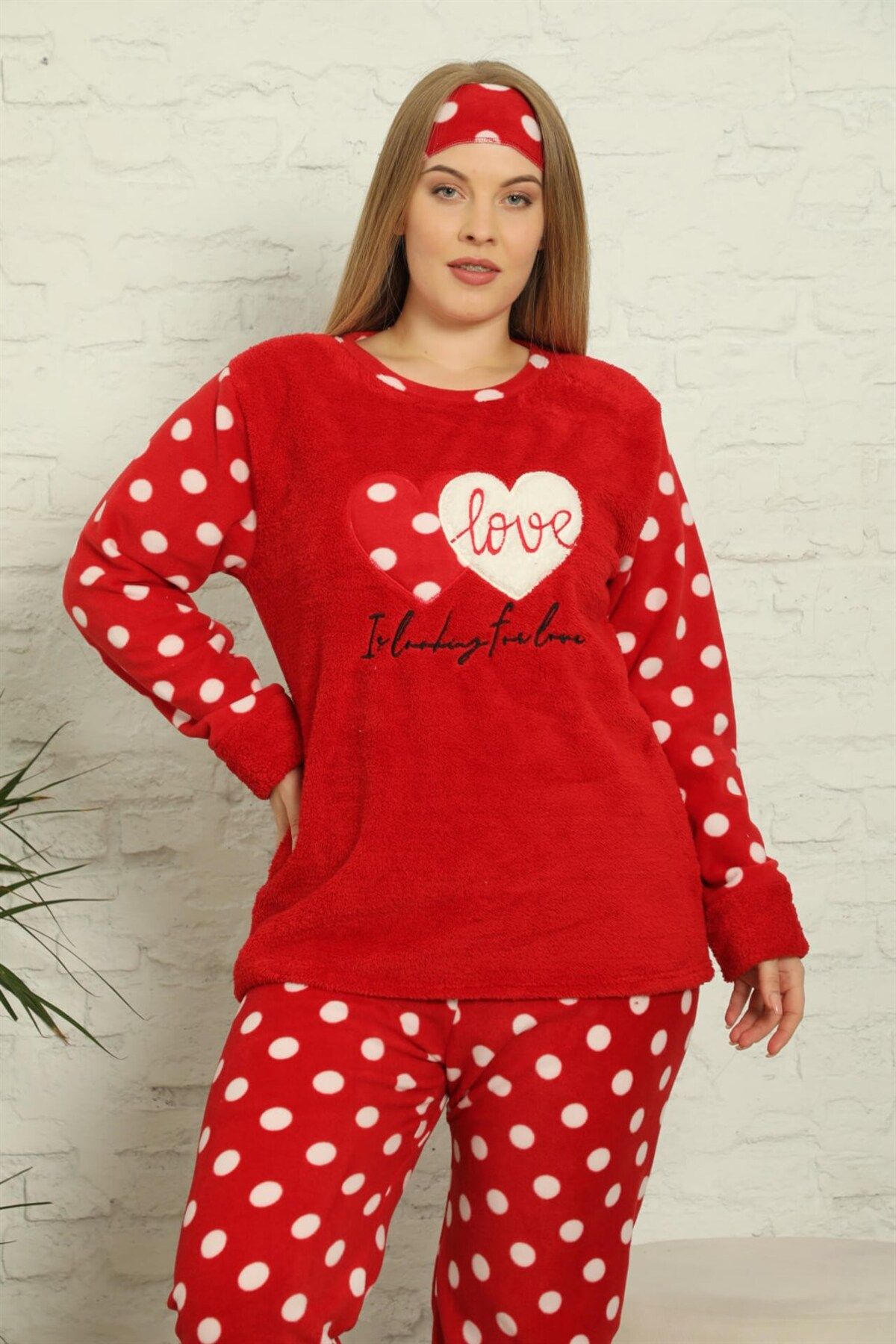 COXO Fashion`S Moda Çizgi Polar Women's Plus Size Pajama Set 808011