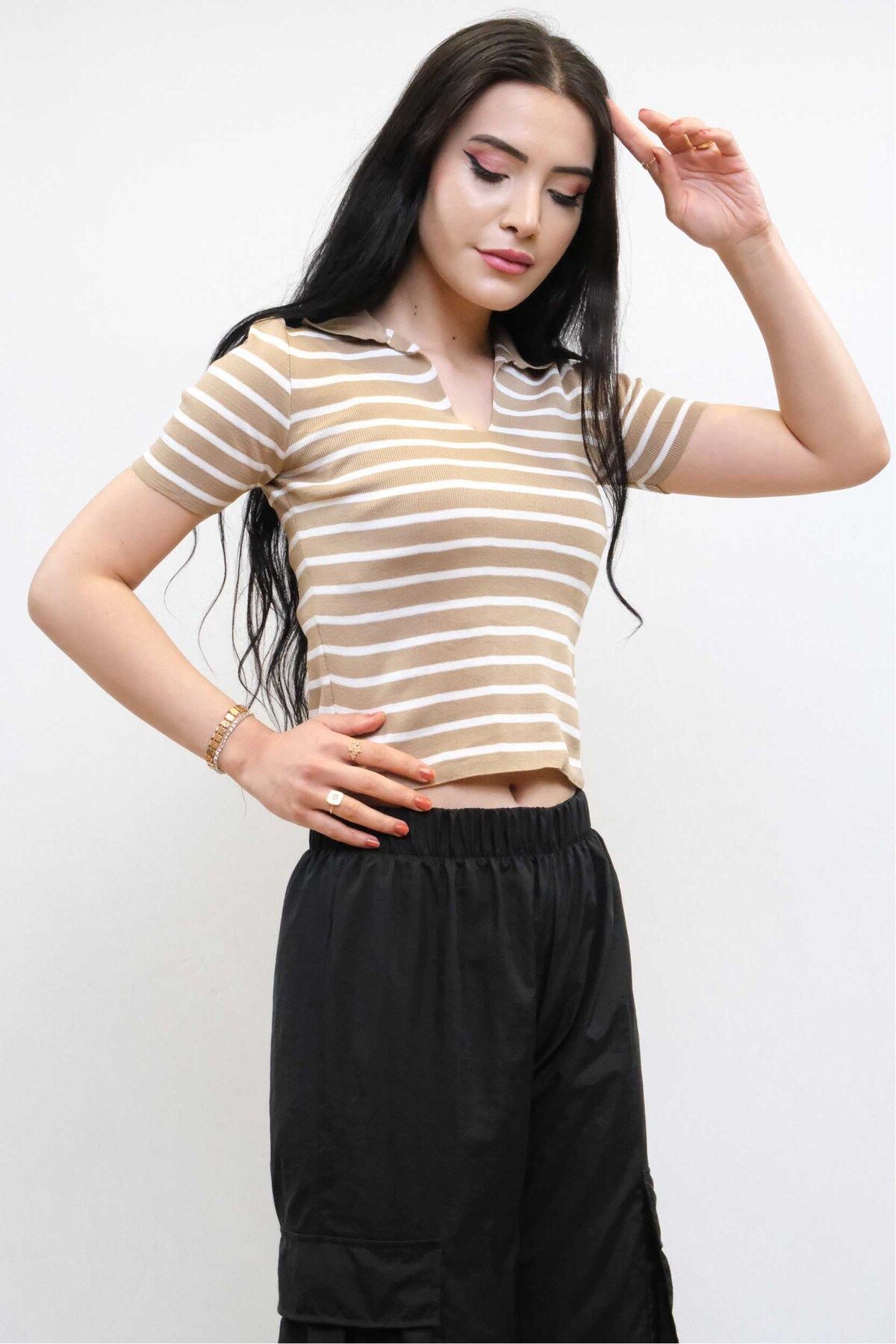 COXO Fashion`S Shirt Collar Striped Knitwear Blouse Beige
