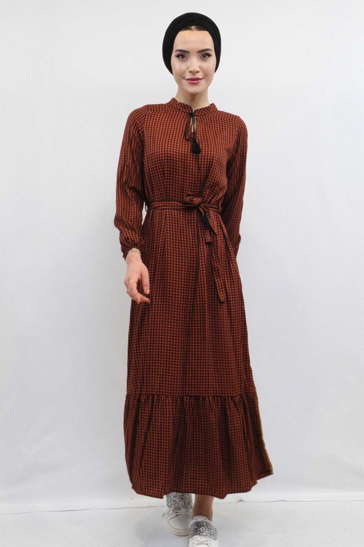 COXO Fashion`S Moda Çizgi Plaid Dress Tile