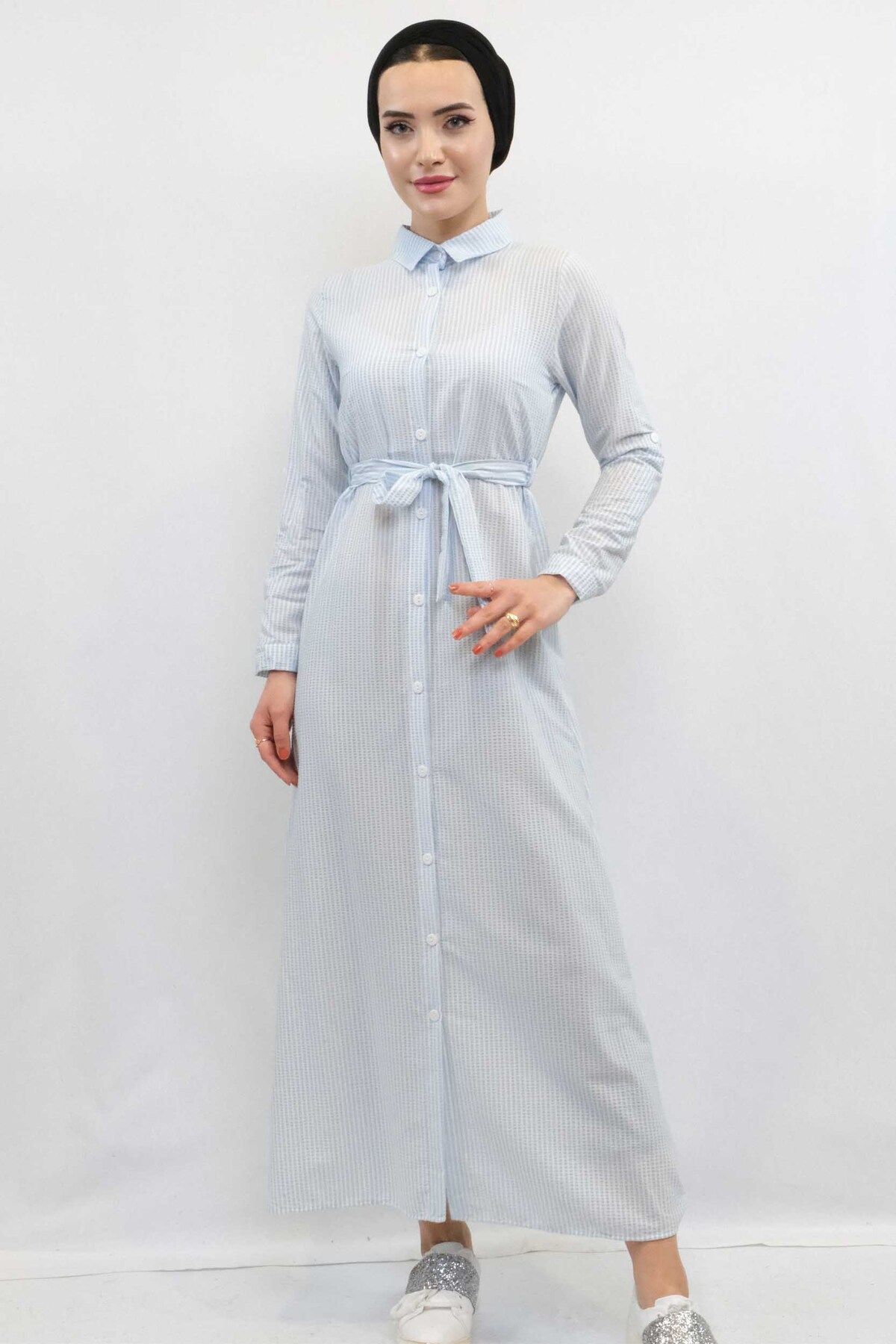 COXO Fashion`S Moda Çizgi Seersucker Dress Blue