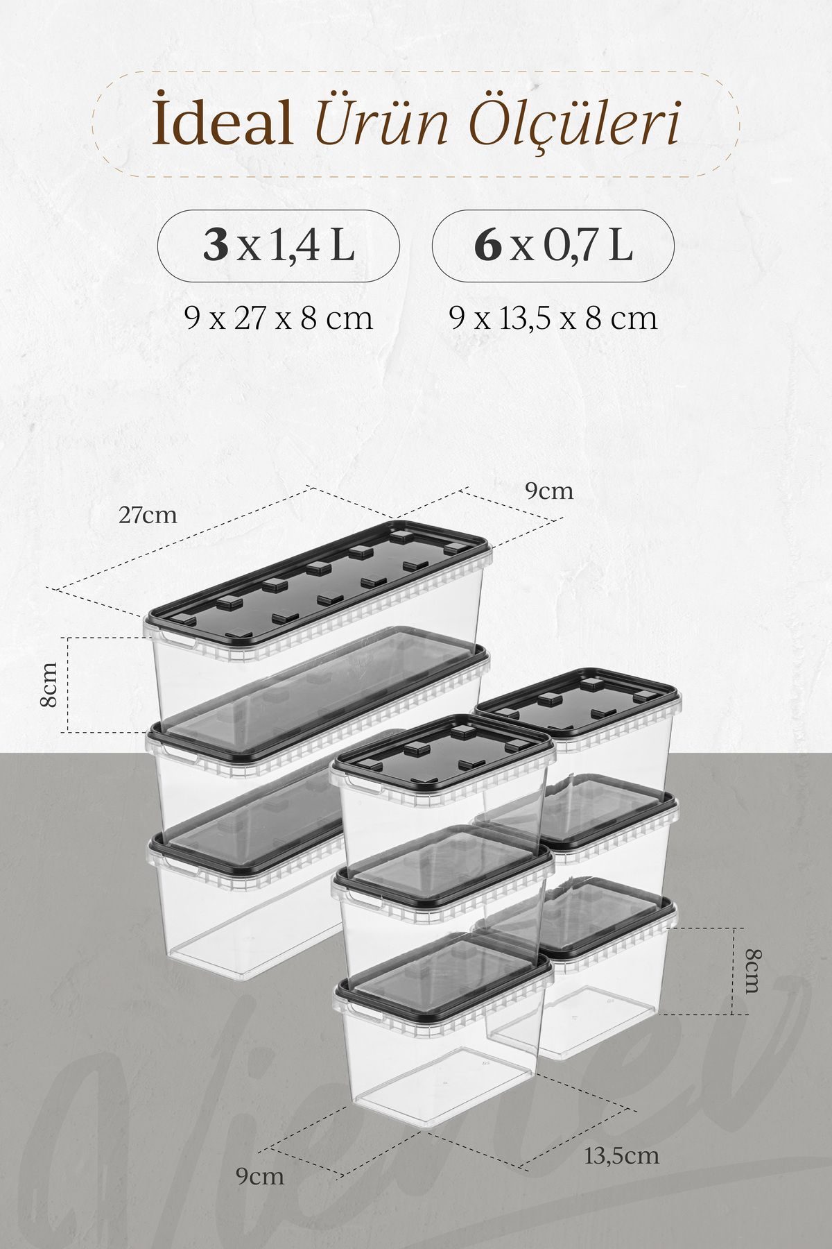 Vienev-9-Pack Clear Anthracite Block Fridge and Deep Freezer Leak-Proof Storage Container - 1.4 Lt-0.7 Lt 5
