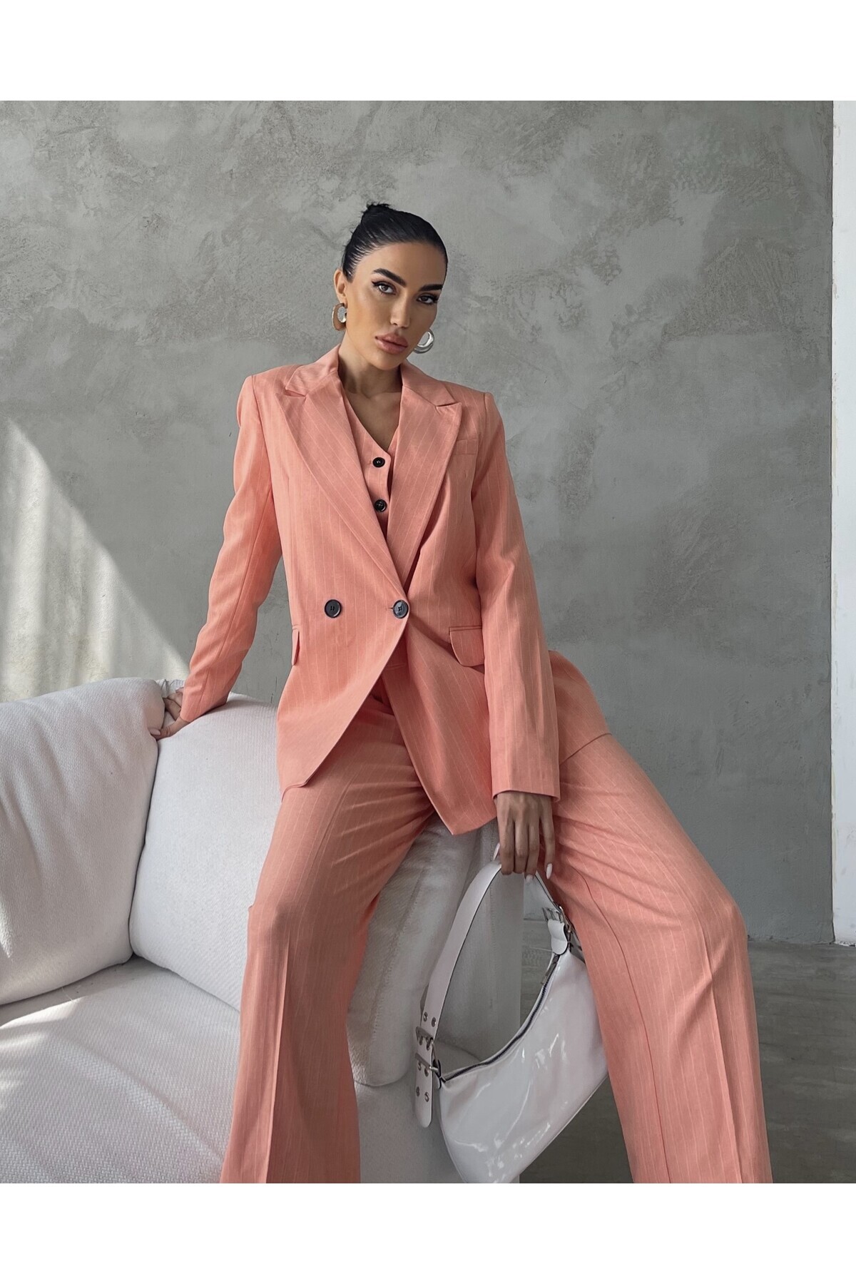 MOCCHI Çizgi Desenli Pantolon Ceket Yelek 3 lü Kadın Takım Elbise