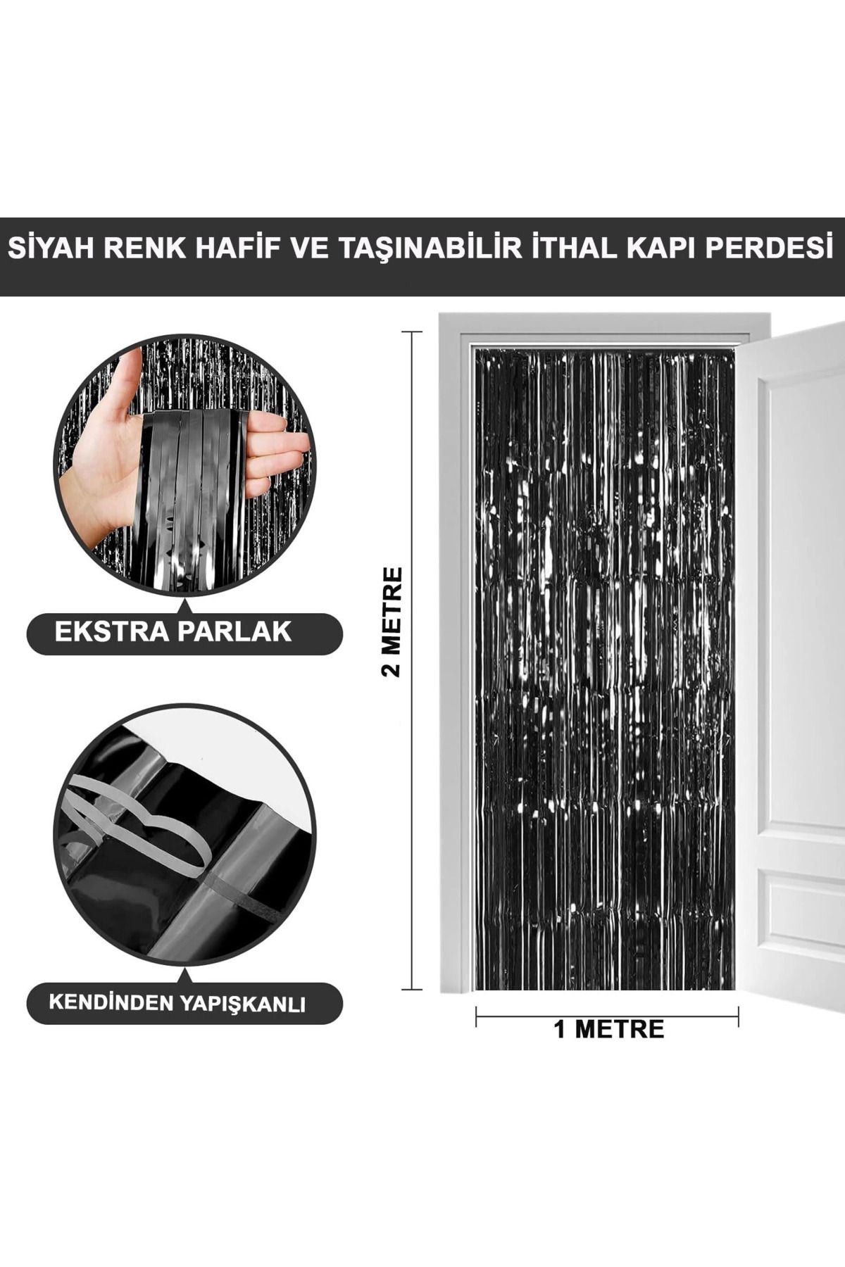 onixe Siyah Renk Ekstra Metalize Parlak Saçaklı Arka Fon Perde İthal A Kalite 1x2 Metre