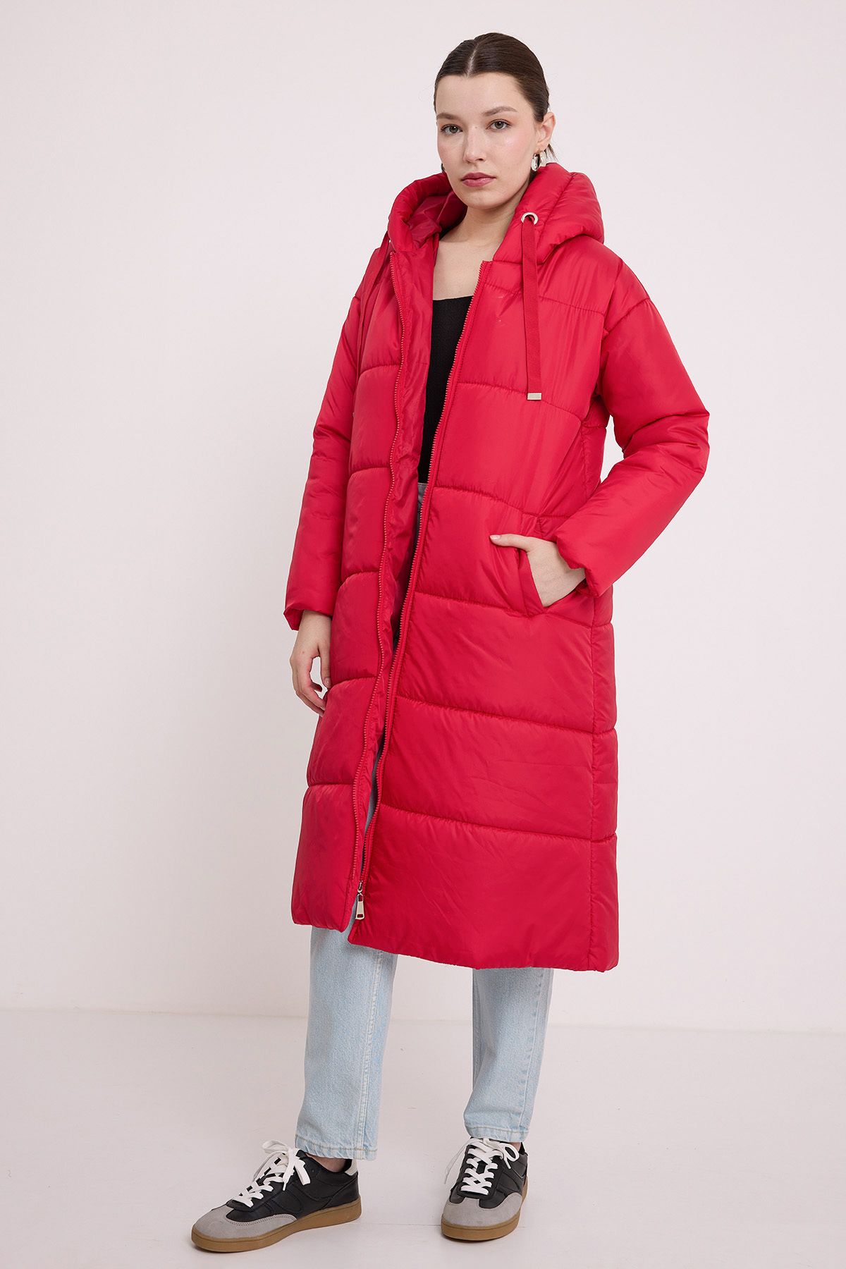 Bigdart-Woman's Red Hooded Long Inflatable Coat 5120 2