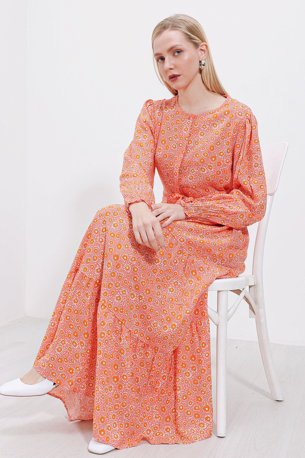 Bigdart-2374 Rochie lungă din viscoză cu model - Trandafir uscat 1