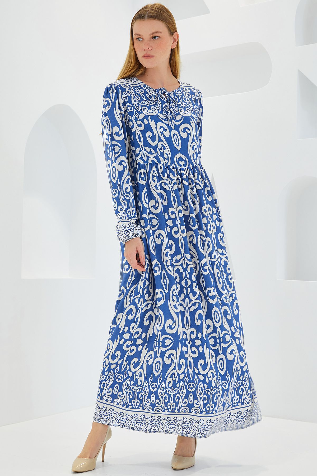 Bigdart-Μοντέλο μακρύ φόρεμα βισκόζης 1947 - Indigo Ecru Pattern 3