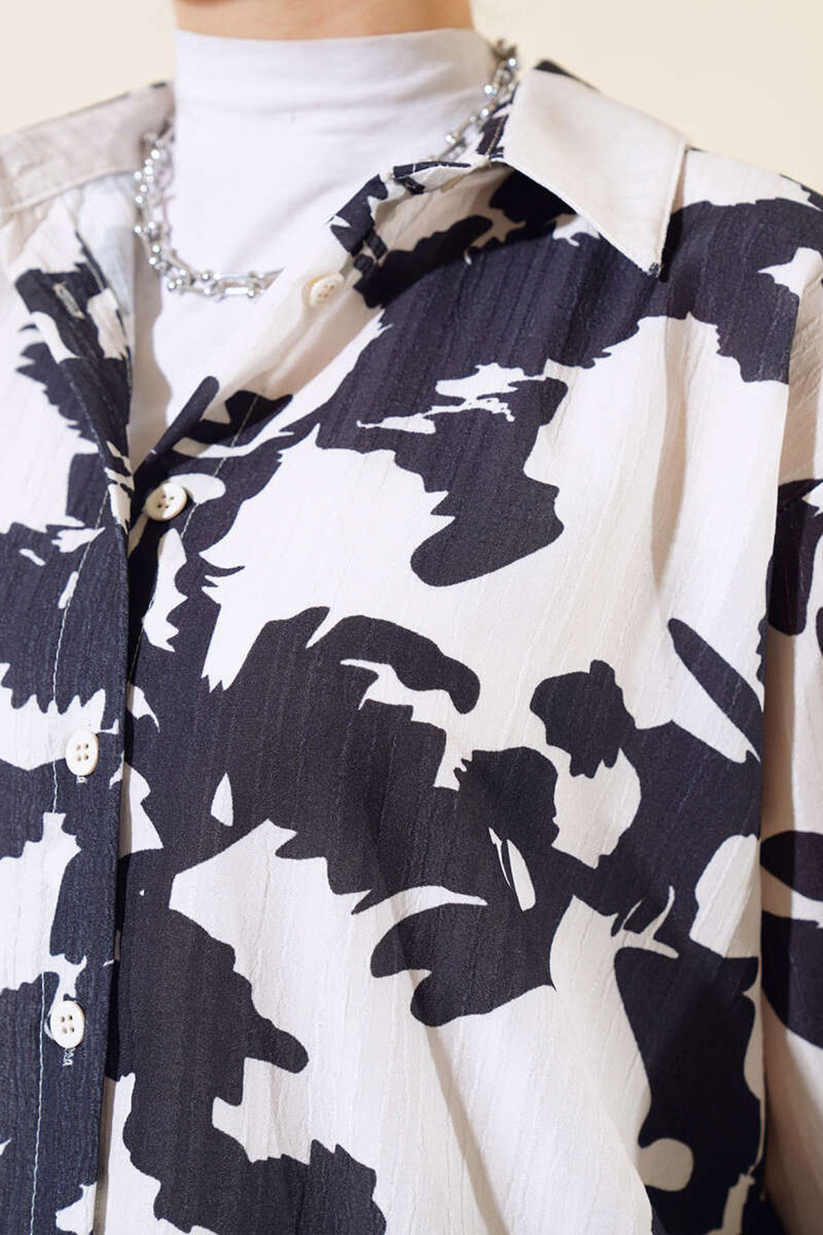 Bigdart-20179 Patterned Long Oversize Shirt - Ecru 3
