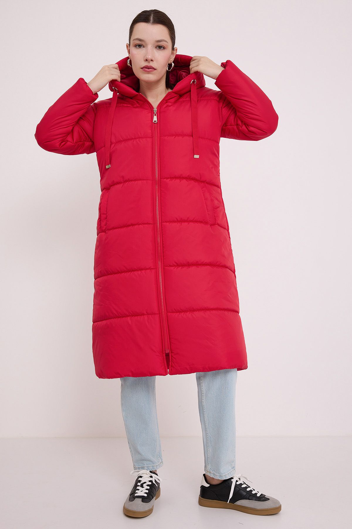 Bigdart-Woman's Red Hooded Long Inflatable Coat 5120 4