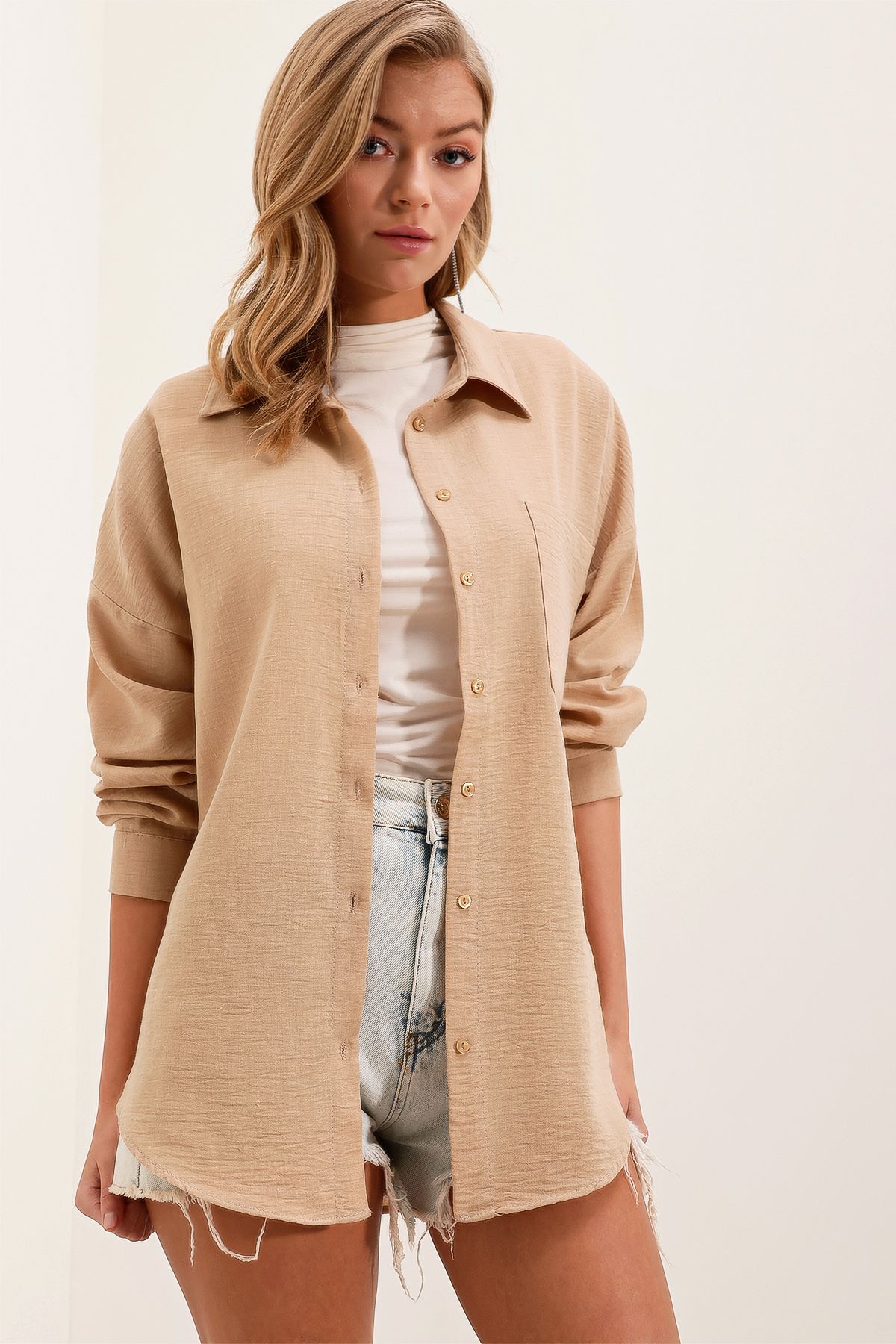 Bigdart-20153 Koszula lniana oversize z pojedynczą kieszenią - A.beige 3