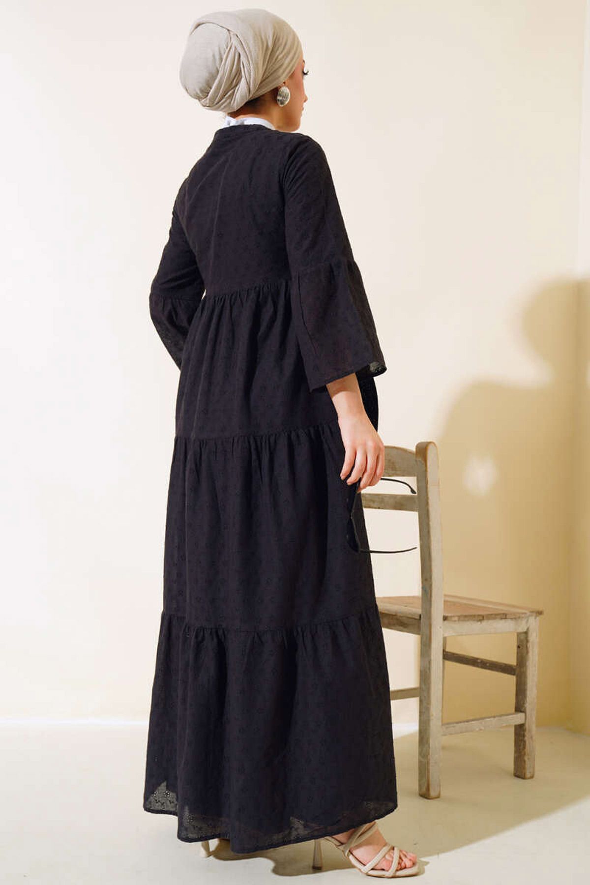 Bigdart-Women's Black Scalloped Patterned Linen Dress 2469 4