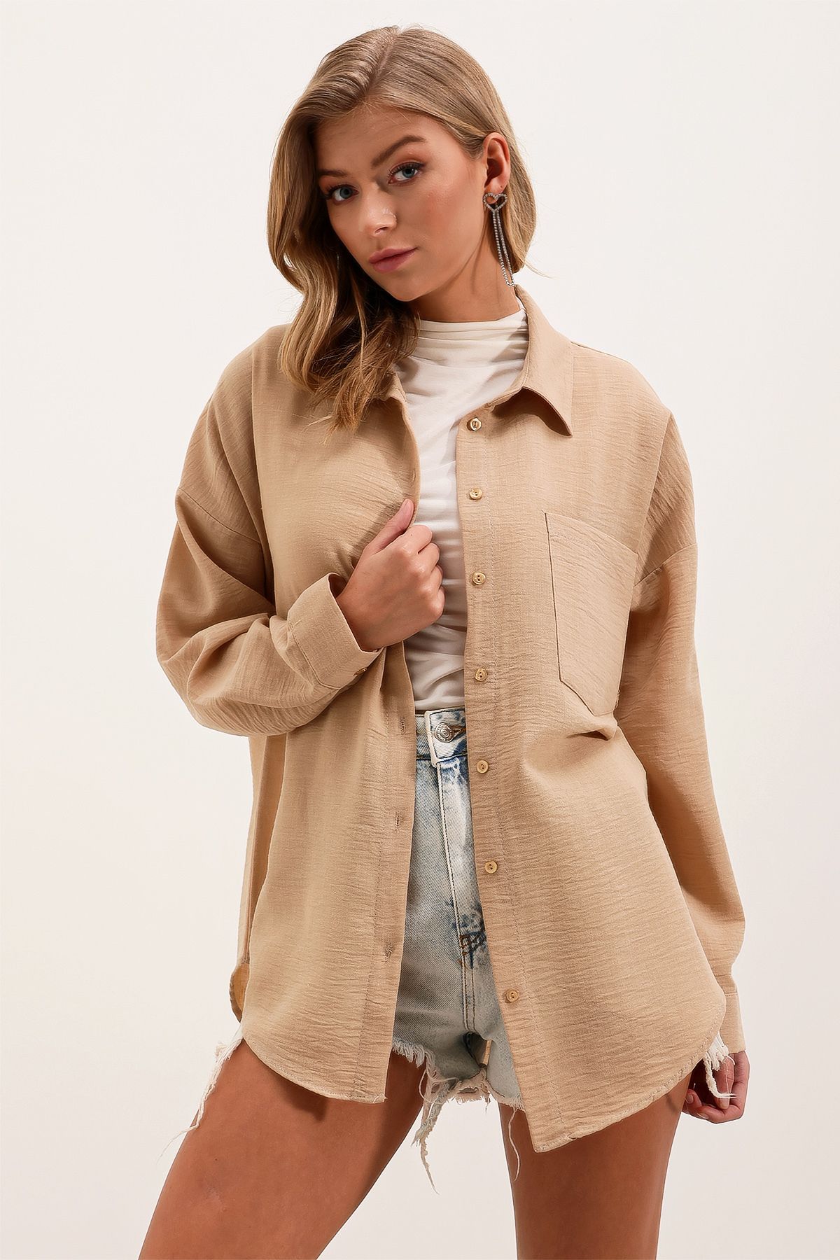 Bigdart-20153 Koszula lniana oversize z pojedynczą kieszenią - A.beige 4