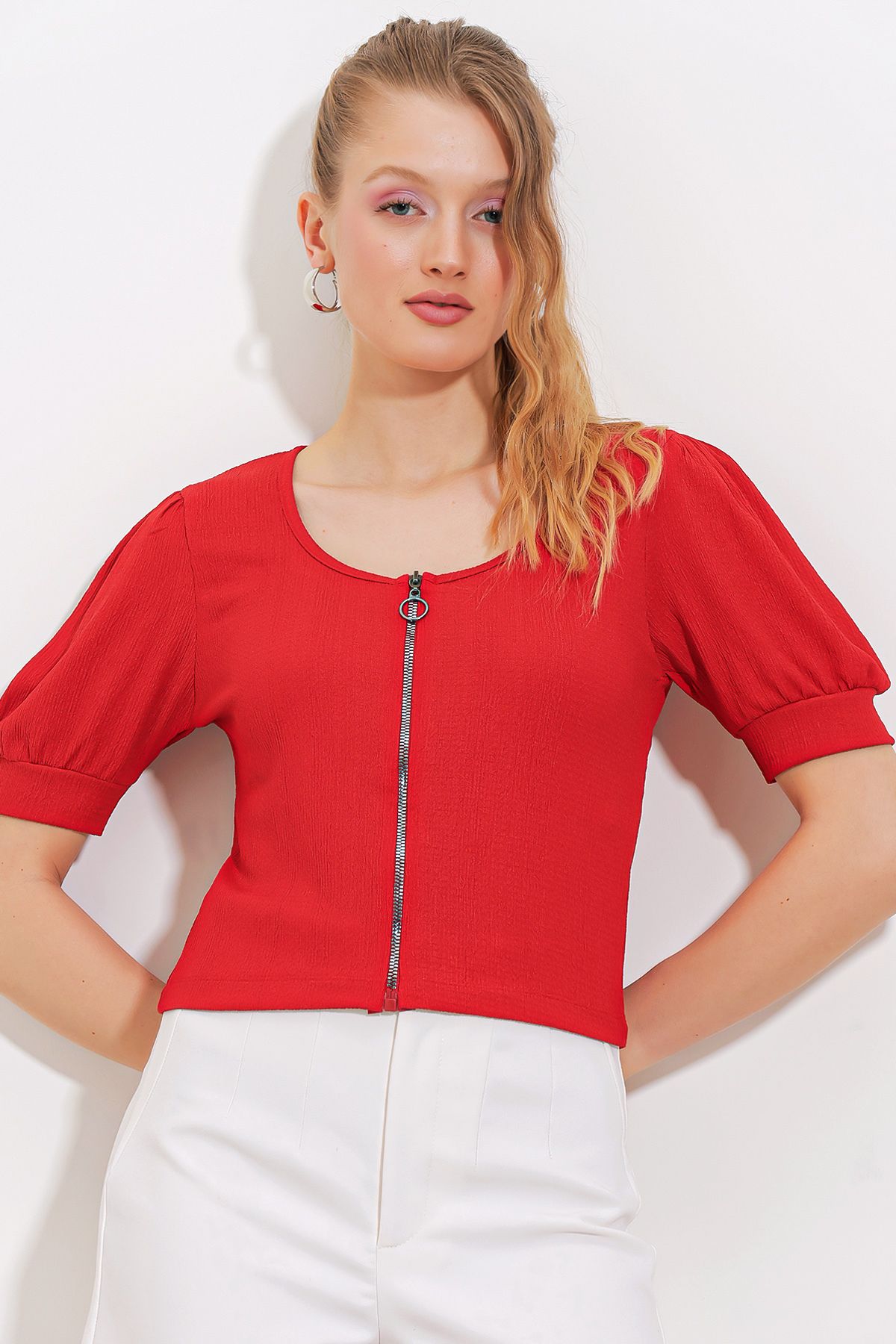 Bigdart-Rote Strickbluse mit Reißverschluss für Damen 4316 1