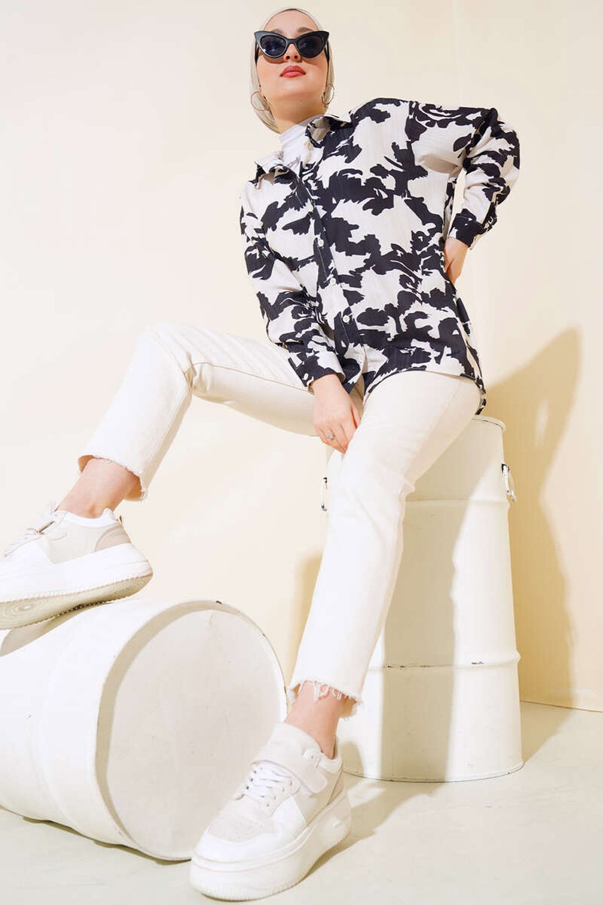 Bigdart-20179 Patterned Long Oversize Shirt - Ecru 2