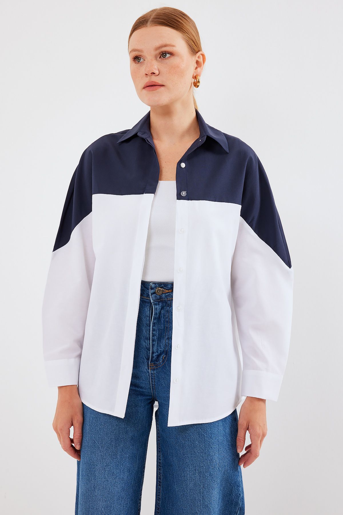 Bigdart-20221 Color Block Oversize Shirt - Navy Blue 4