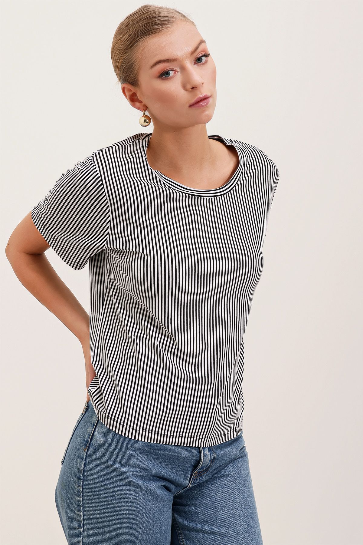Bigdart-4313 Ριγέ Basic T-Shirt - Μαύρο 4